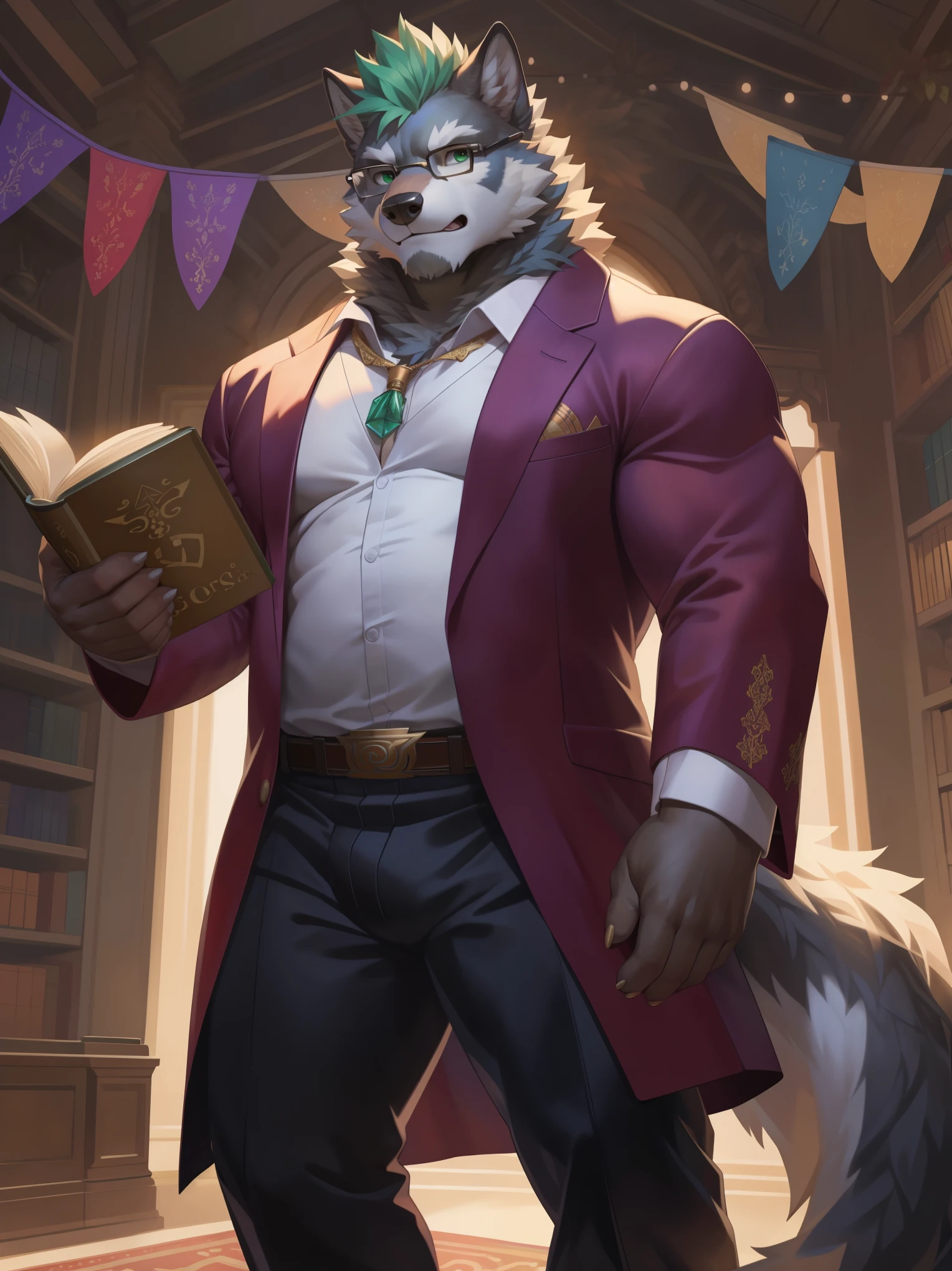 solo,anthro,furry,furry male, Wolf, ((fluffy fur,fluffy,furry body)), (white fur, wolf print), (grey body), emerald green eyes, reading glasses, tail, green mohawk, detailed fluffy fur, white jacket, detailed face, detailed eyes, decorative dress shirt, white shirt, black pants, book in hand, magic runes, tome, detailed chest, detailed abs, black slack pants, decorative coat, decorative belt, gold trimmings, padded armor, violin, full body, claws, fantasy grand class room, (by null-ghost,by raccoon21, masterpiece, high quality,hi-res,8k had), standing,close-view portrait, looking at viewer, indoor, lights, serious expression, angry, dark shadows, banners, pose, carpet, flag, black board, papers, globe,