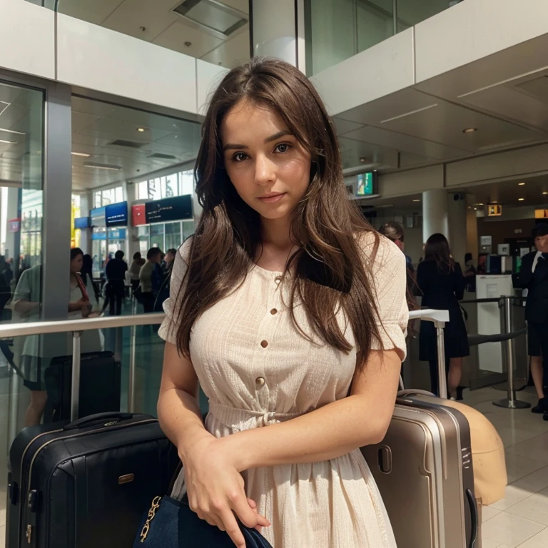 a woman with dark brown hair, seins moyens, yeux parfaits, mains parfaites, Elegant, dressed in a figure-hugging dress, in an airport, suitcase in hand, debout dans la fille d'attente devant la porte d'embarquement, destination Bora-Bora, we see the planes through the windows, we see the city through the windows, ultra realistic