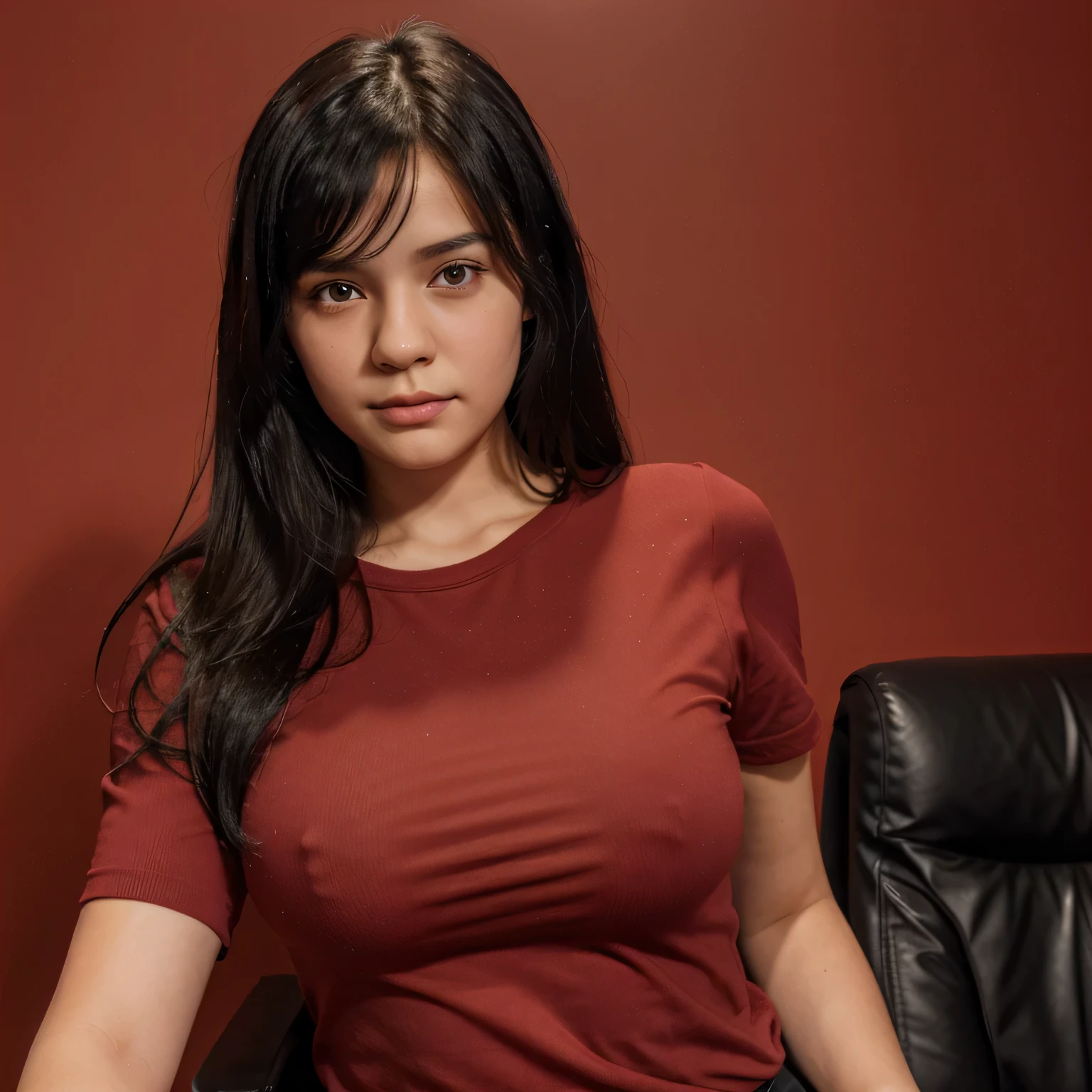 17 year old girl, beautiful and cute, black hair, black office clothes, photo ID card, half body upright facing forward, full red background