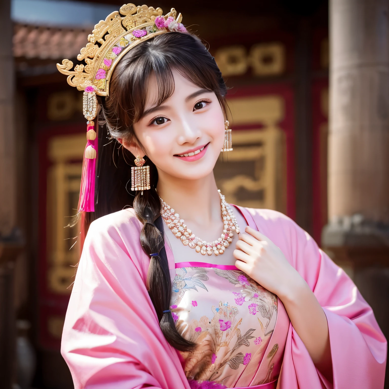 highest quality, masterpiece, High resolution, 1 girl, ancient Chinese pink dress, beautiful face, ancient chinese costume, Bow without original photo, elegant, Noble, crown, thin legs, goblin, hair accessory, alone, looking at the viewer, smile, shut up, lips, dress, hair accessory, necklace, jewelry, long hair, earrings, architecture, east asian architecture