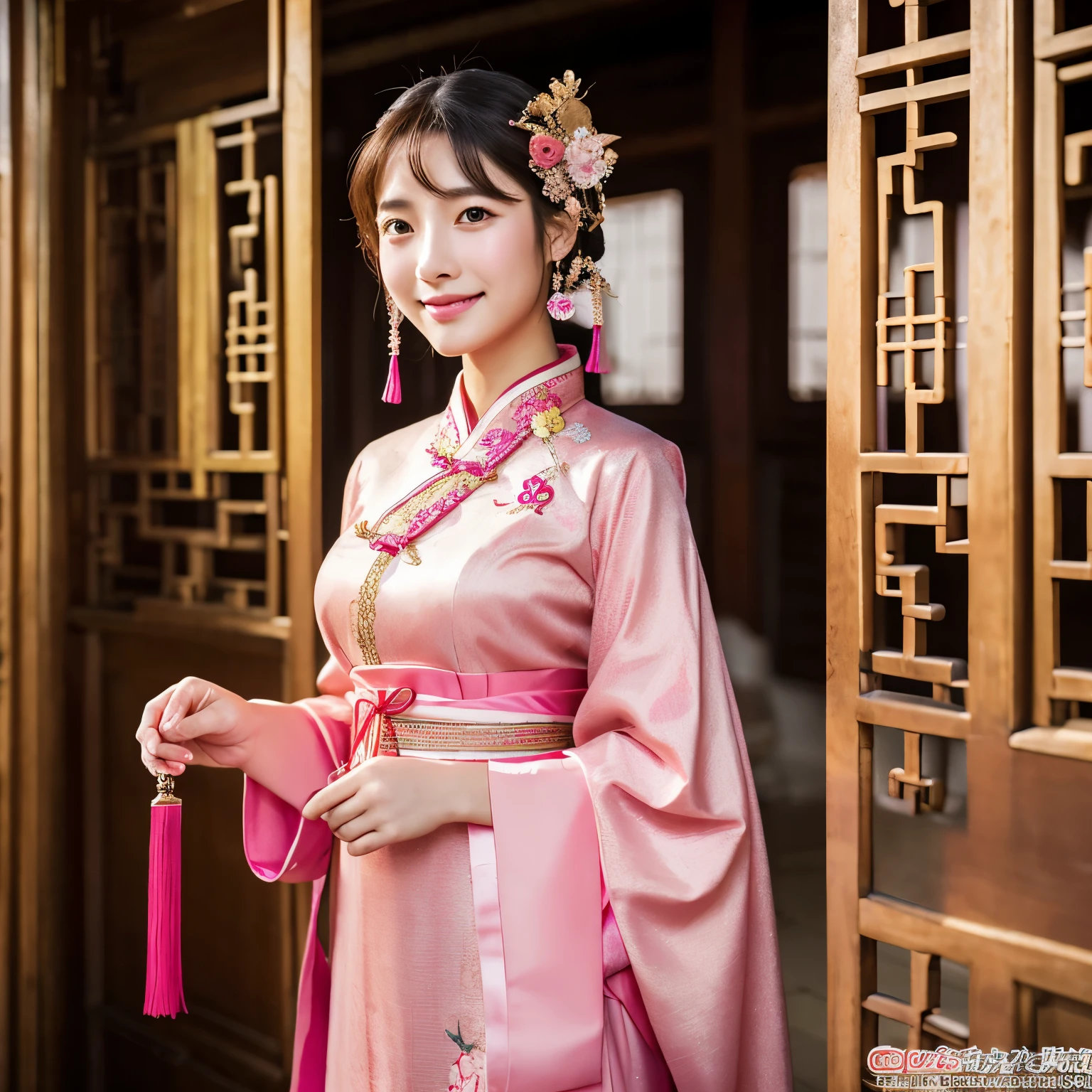 highest quality, masterpiece, High resolution, 1 girl, ancient Chinese pink dress, beautiful face, ancient chinese costume, Bow without original photo, elegant, Noble, crown, thin legs, goblin, hair accessory, alone, looking at the viewer, smile, shut up, lips, dress, hair accessory, necklace, jewelry, long hair, earrings, architecture, east asian architecture