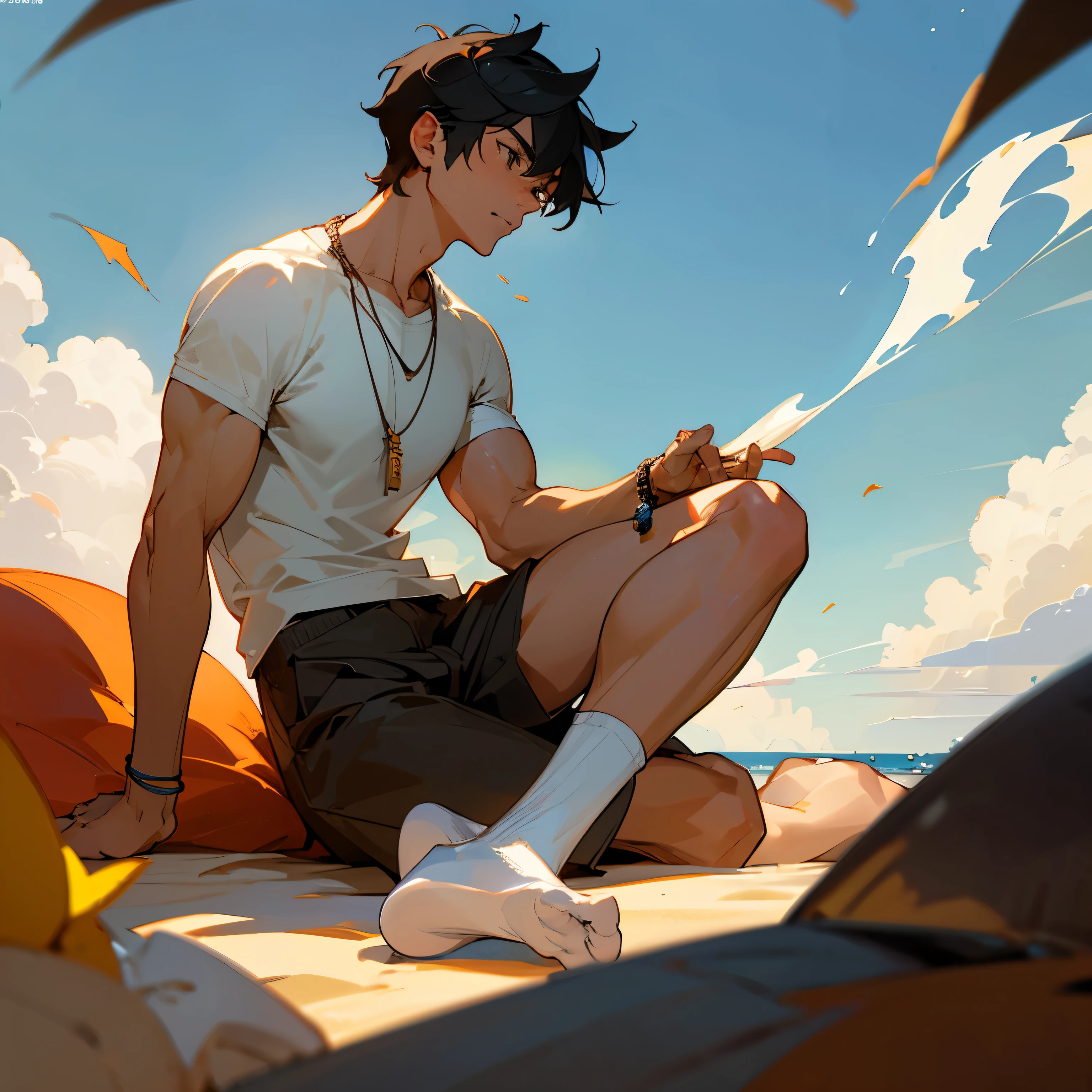 realistically，（masterpiece，quality，最好的quality，official art），The content is very detailed，colorful，most detailed，Kamimei，Short hair details，black hair，handsome man，necklace，beach，boys，large pecig bag，half lying down，CG feeling，POV perspective，，8k,Lighting effects，textured skin，最好的quality，storytelling images，storytelling images，motion blur，Action pose，Look up，bronzed skin，Serious expression，Hot gas，close your mouth，公牛 身体 like，the only person，bare legs，Foot odor，dermatophytosis，white socks，sit down，clothing，take off your pants，muscular，like，