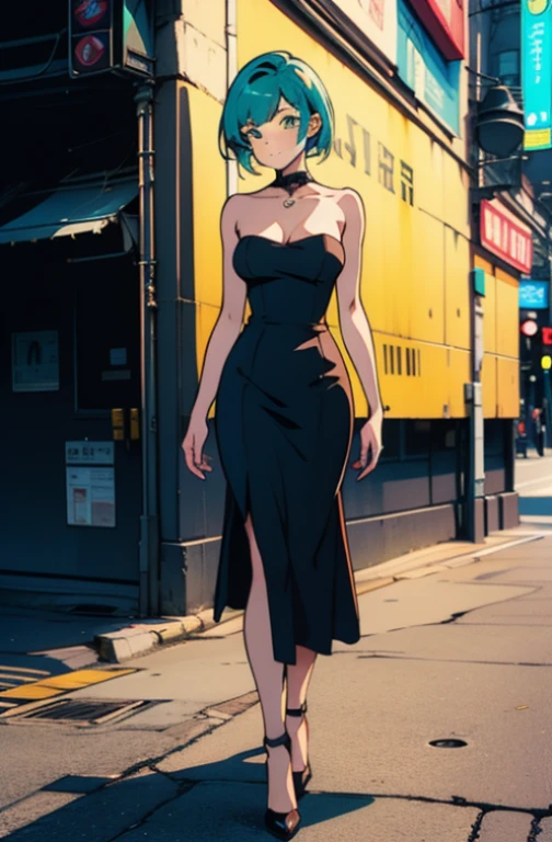 ((Best Quality)), ((Masterpiece)), ((Realistic)) 19 year old, redhead girl, shoulder length hair, relaxed happy face ((slender)) (busty) ((long legs)) ((high heels)) ((( dark turquoise bodycon strapless dress ))) ((( exy )) cyberpunk attire, textured pixie haircut , full shot. beautiful face,