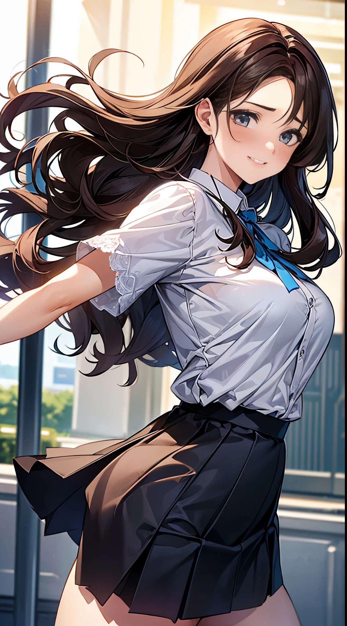 1 lady,dark brown hair,long wavy hair、a 20 yo woman、Medium large breasts、((impatient look)),Beautiful CUHK、White shirt,Mini flared skirt,Good style,,(facing forward)、(Cute expression with shy smile)、((cheeks flushed、embarrassed expression)),(((The skirt was rolled up by the wind)))、((Facing the rear))、((buttocks visible))、((Light blue lace))