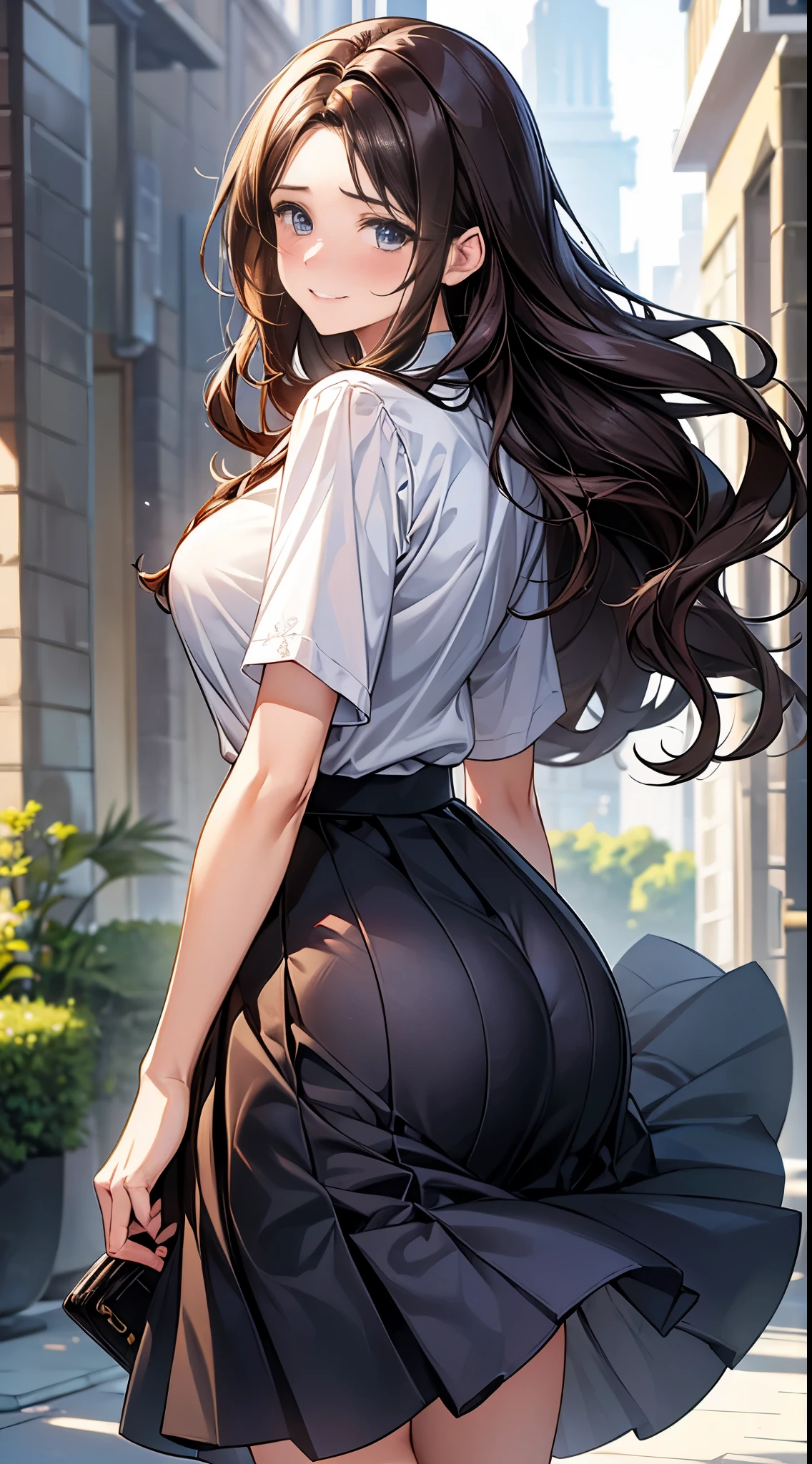 1 lady,dark brown hair,long wavy hair、a 20 yo woman、Medium large breasts、((impatient look)),Beautiful CUHK、White shirt,Mini flared skirt,Good style,,(facing forward)、(Cute expression with shy smile)、((cheeks flushed、embarrassed expression)),(((The skirt was rolled up by the wind)))、((Facing the rear))、((buttocks visible))、((Light blue lace))