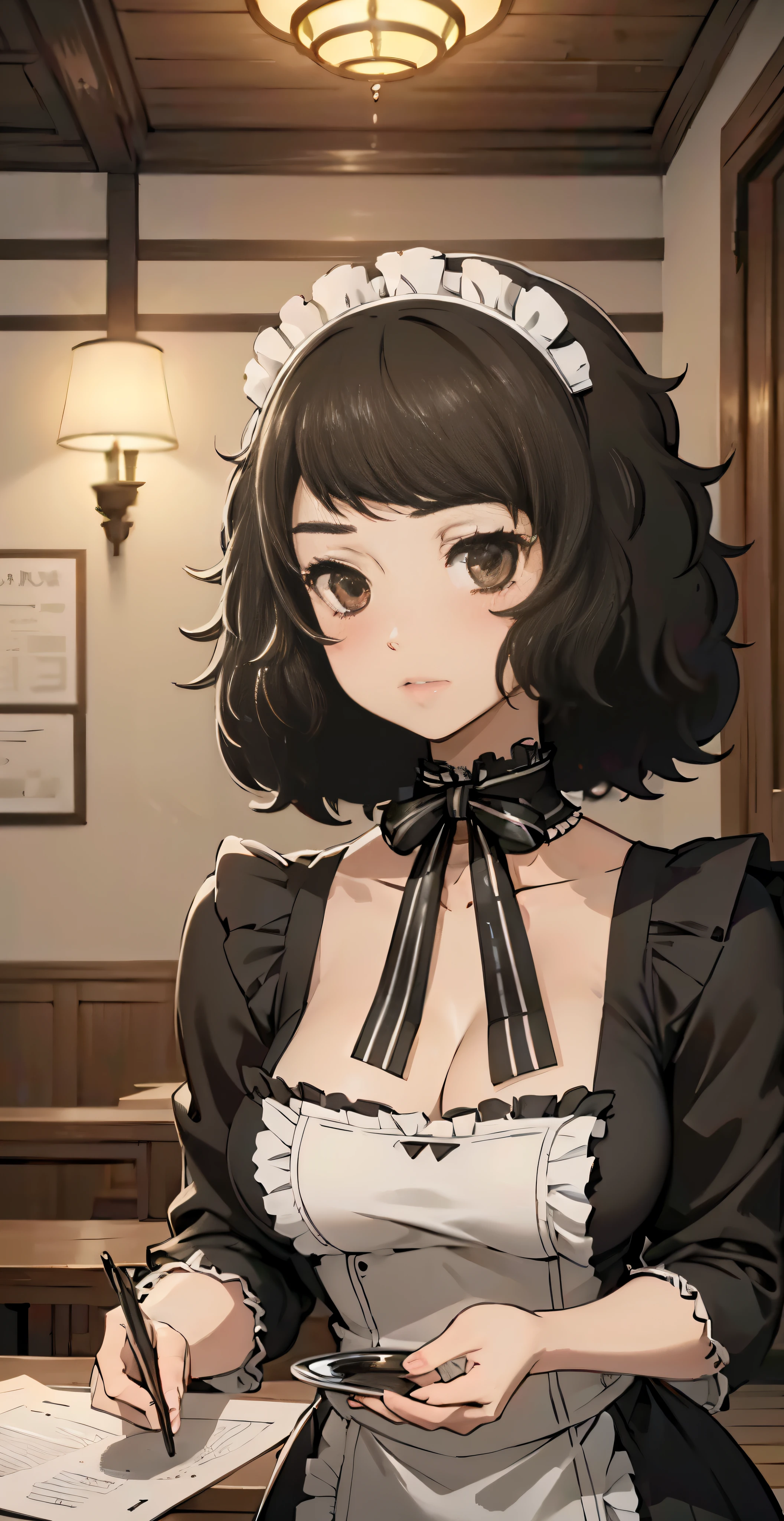 anime, Conceptual art, cinematic lighting, Canon, Nikon, 8k, super detail, 4K, best quality, award winning, anatomically correct, (detailed beautiful eyes and detailed face, masterpiece side light, masterpiece, best quality, detailed, high resolution illustration), ((hyper detailed anatomical eyes)) ((sadayo kawakami)) in maid dark suit, standing in big luxurious dining hall, blushing puff out cheeks