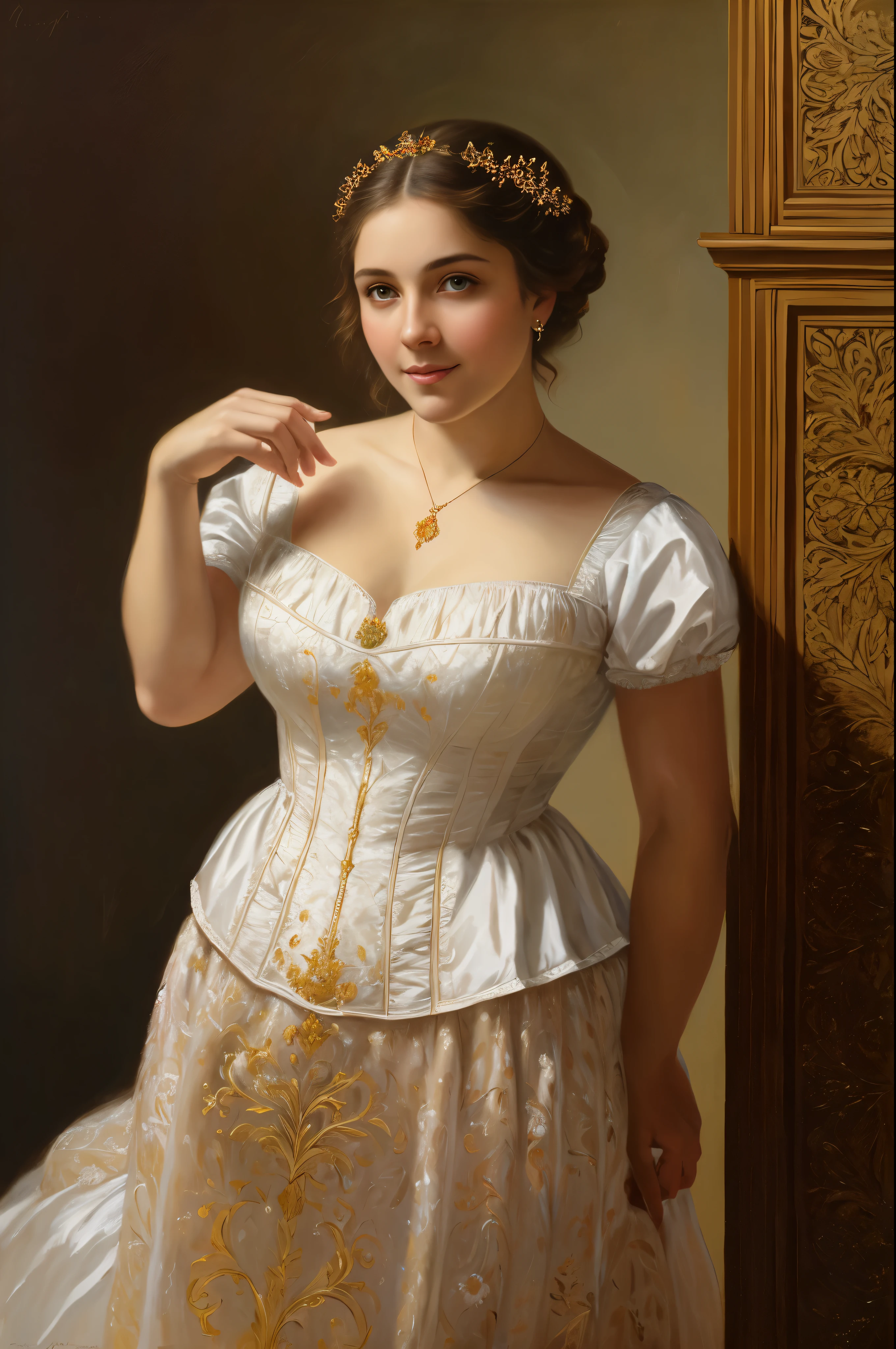 Masterpiece, Best quality, Ethereal beauty, portrait, girl, 35 years old Woman, middle ages, classicism, andrey atroshenko style, painting, traditional media, realistic, figurative, fine art, oil on canvas, HDR, 8K, original character, high resolution, high detail, focus on the face