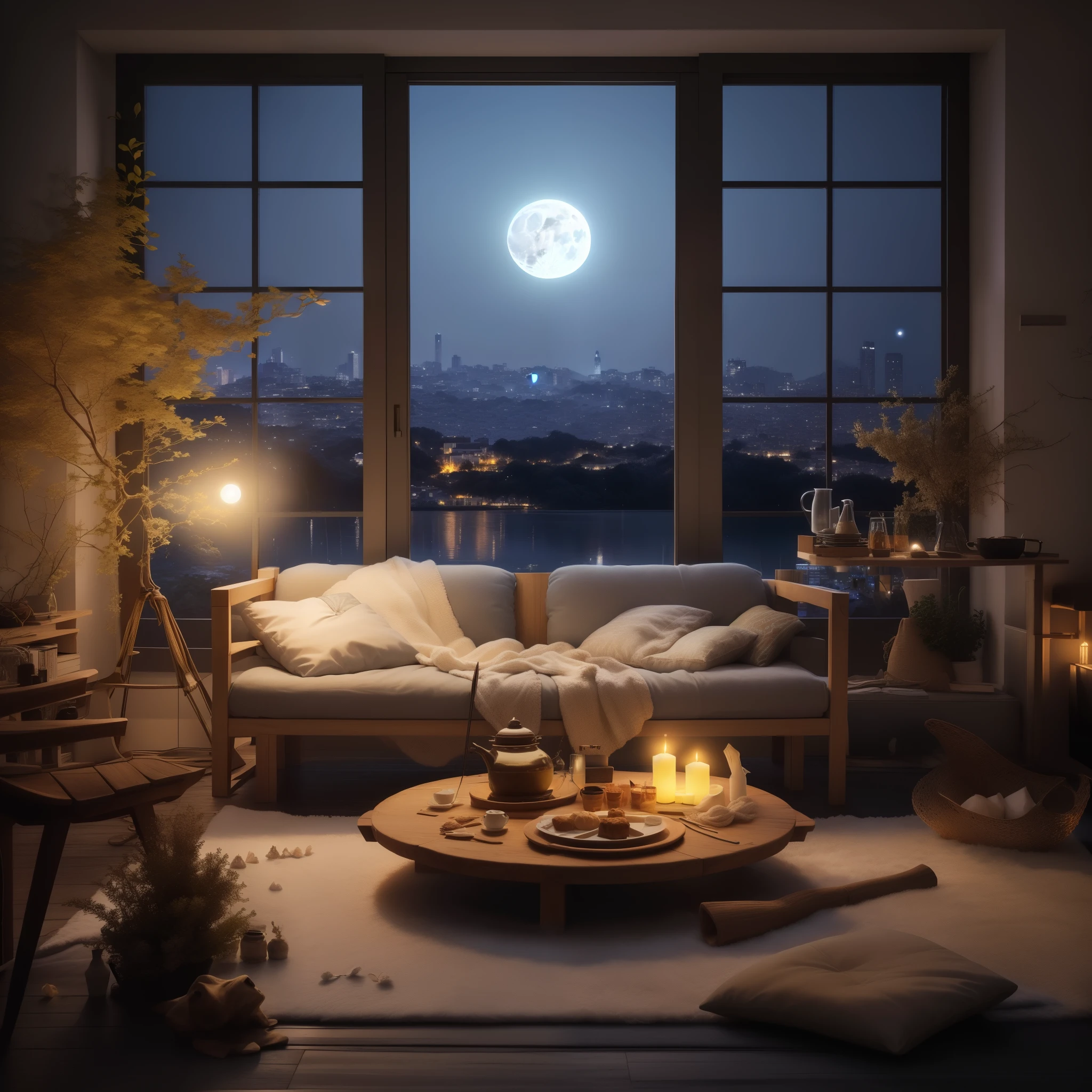 View of Aalfed from the room with sofa and table, fundo de casa aconchegante, ambiente aconchegante, Noite com lua e vela, lugar aconchegante, ambiente aconchegante e tranquilo, noite de luar atmosfera sonhadora, ambiente aconchegante, at night with full moon, at night with the moonlight, atmosfera acolhedora, aconchegante e calmo, fundo aconchegante da sala de estar,There is good food on the table, vela movendo