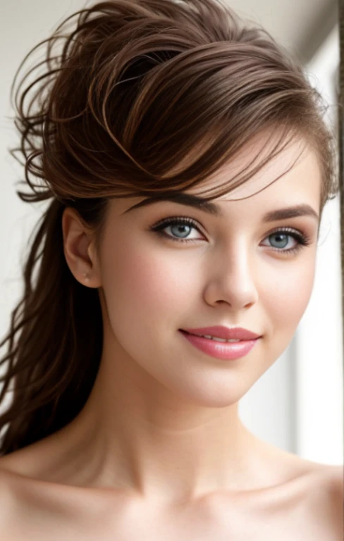 Fashion model 25 years old [[[[close-up]]], [[[[chest]]]], [[[[neck]]], [shoulders]]]]], Perfect eyes, Perfect iris, Perfect lips, Perfect teeth, Perfect skin, Soft front light, Glow, HDR, (Soft color: 1.2)