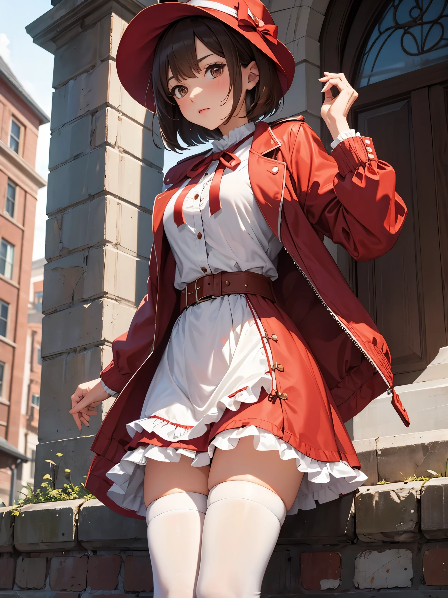 A mature girl, brown hair, hat, short hair, brown eyes, dress, white thighhighs, frilled thighs, red jacket, ribbon