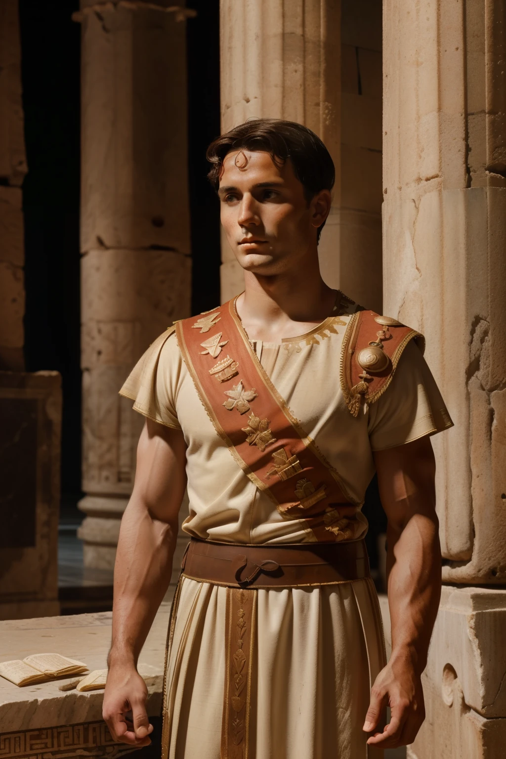Rome, 77 BC. A young ((((23-year-old)) Julius Caesar)), giving a speech inside the Basilica Sempronia, ((nervous expression)). ((((roman clothings from the 1st century BC)))) ((ancient rome hairstyle))