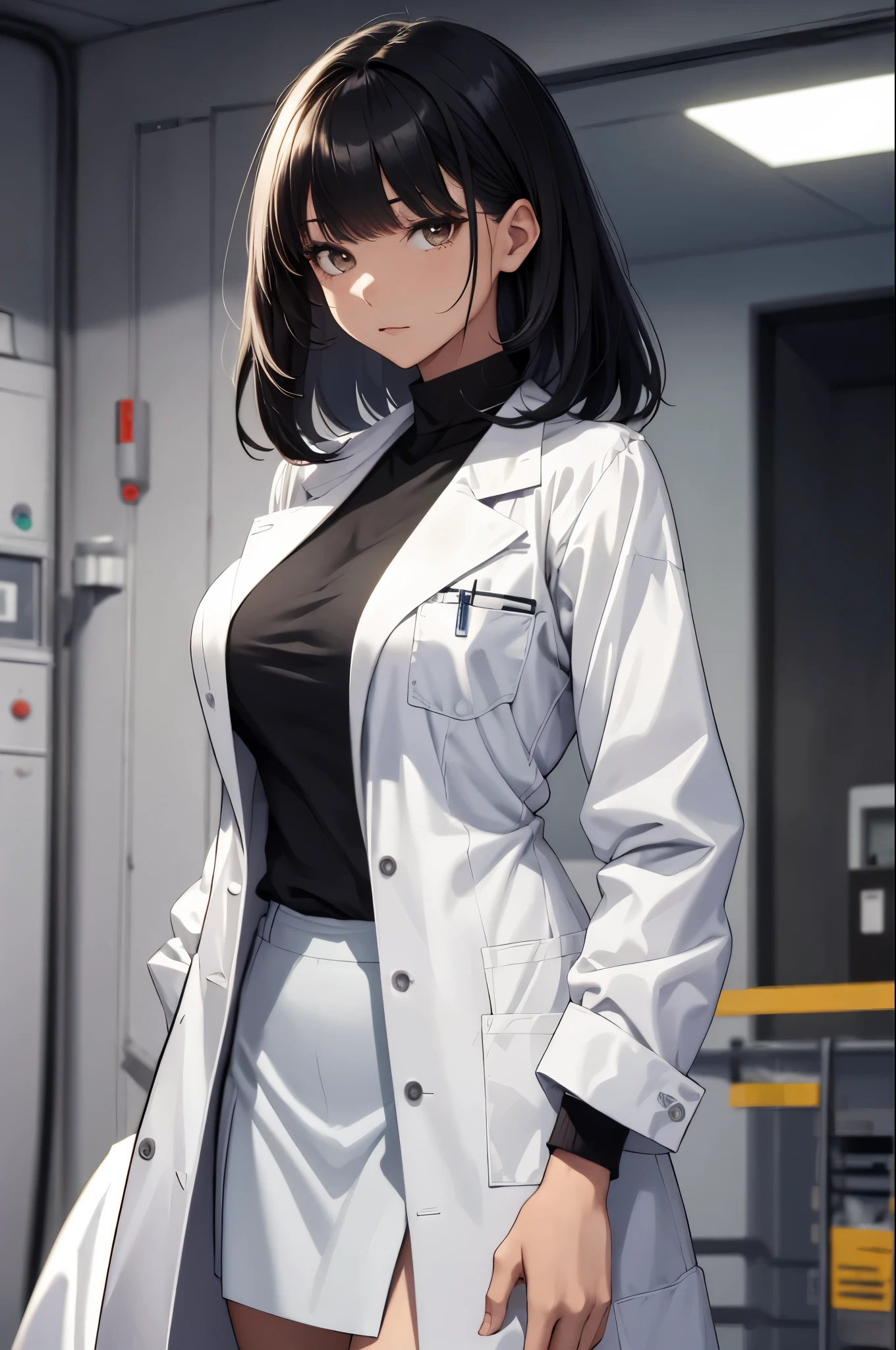 big deal, big deal, Perfect body, Outstanding style, female doctor, lab coat, Pay attention to breasts, Place your arms behind you, Express, estrus face, bob, black hair, Bangs, infirmary