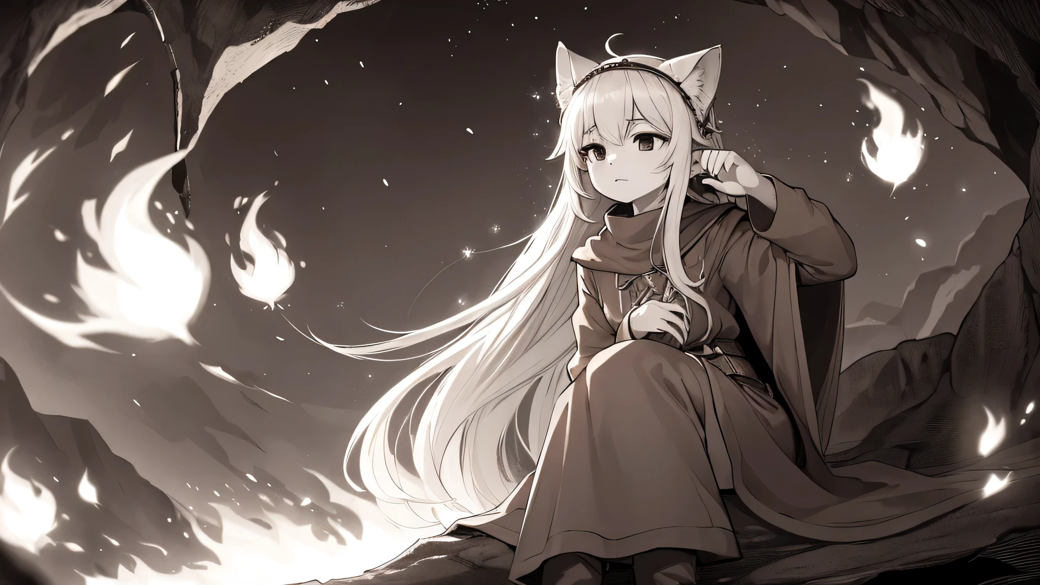 best quality, masterpiece), (1 female cat, alone,brown robe, expression face, look away, sitting, wide sleeves, black eyes, close your mouth, Fire ribbon on head, long hair, cowboy shooting), (monochrome, night sky at cave entrance , light rises from bottom, Inside the cave, Floating glowing white particles, burning fire at hand, floating many small fires),