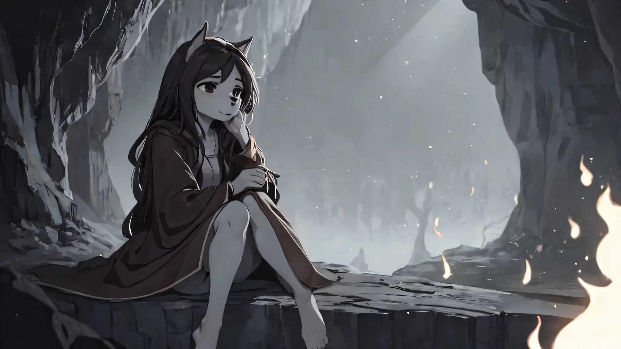(best quality, masterpiece),  (1 female dog, alone,brown robe, expression face, look away, sitting, wide sleeves, black eyes, close your mouth, Fire ribbon on head, long hair, cowboy shooting), (monochrome, night sky at cave entrance , light rises from bottom, Inside the cave, Floating glowing white particles, burning fire at hand, floating many small fires),