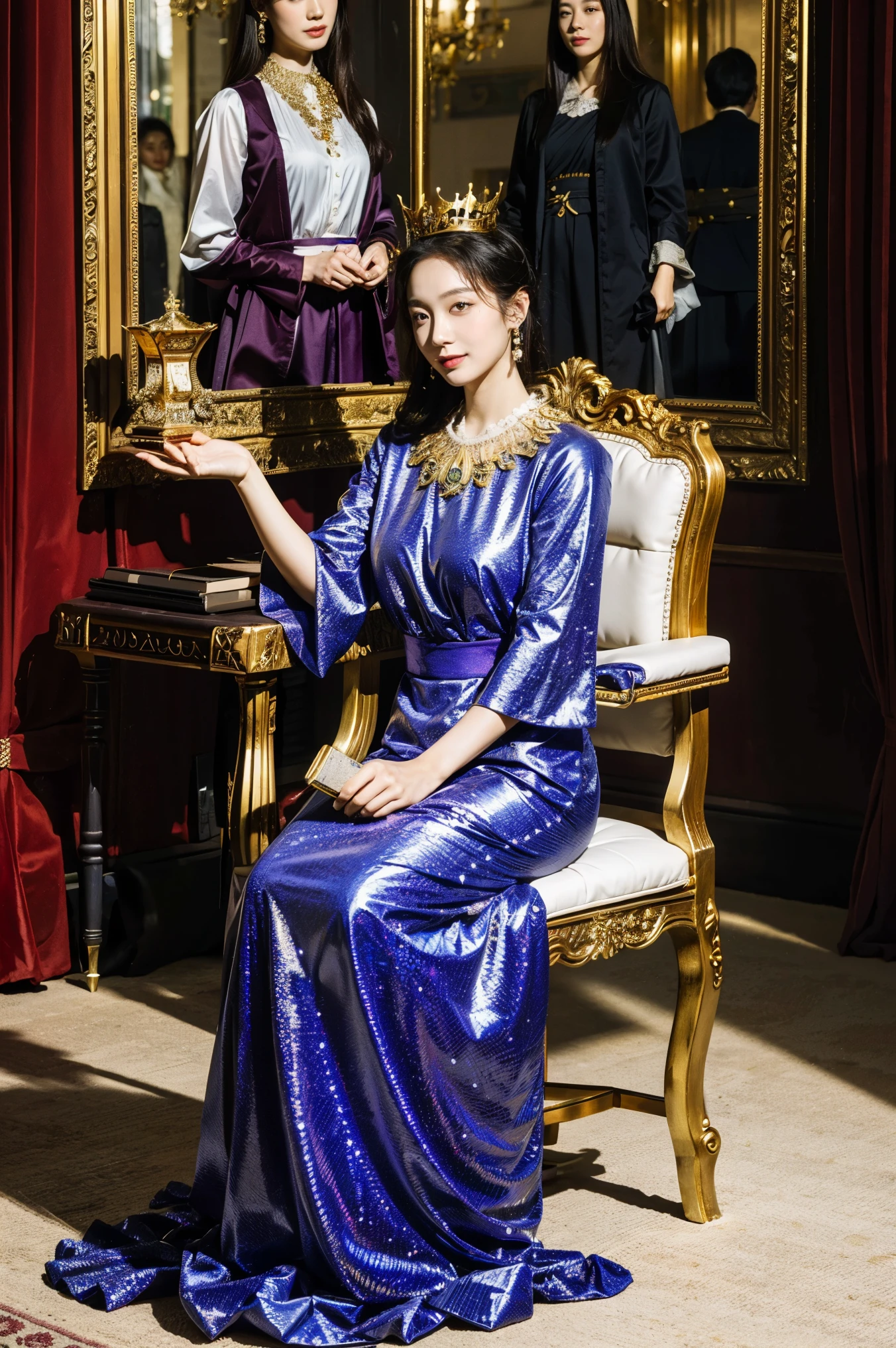 best quality, masterpiece, official art, professional, Astonishing, Very detailed, Very detailed, fine details, Super detailed, 8k wallpaper, high resolution, (actual, photo-actual:1.4), original photo, whole body, In ancient times, The nobles in the palace were all wearing gorgeous purple dresses, They wear golden crowns on their heads, Wearing a pair of golden high heels on her feet, and a golden fan in their hands. She stood in a magnificent palace,Surrounded by splendid decorations and furnishings。. There is an elegant smile on her face, Her eyes reveal the pursuit of power and status