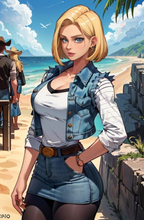 1girl, (sozinho:1.2), (Standing:1.3), (Interagindo:1.3), (cowboy shot:1.5), (Curvy:1.2), sorrir, Feliz, at ease, (master part:1.3), (best quality:1.anatomia perfeita:1.4), altamente detalhado, (praia tropical:1.alm trees, azure blue water, luz do dia, summer,, Androide18, Brincos, Denim, belt, blonde hair, olhos azuis, short hair, jewelries, (Denim vest:1.2), colete aberto, Black pantyhose, camisa preta, Denim skirt, (saia manga longa listrada branca, seios grandes, estilo de arte semi-realista, vibrante, sombreamento suave, Expressivo, rosto de perfil, olhando para o lado, rosto de lado, rosto virado, olhando horizonte