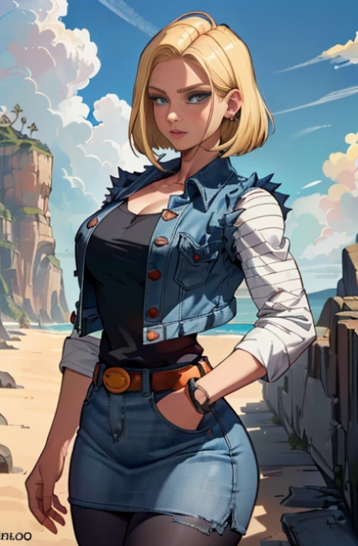 1girl, (sozinho:1.2), (Standing:1.3), (Interagindo:1.3), (cowboy shot:1.5), (Curvy:1.2), sorrir, Feliz, at ease, (master part:1.3), (best quality:1.anatomia perfeita:1.4), altamente detalhado, (praia tropical:1.alm trees, azure blue water, luz do dia, summer,, Androide18, Brincos, Denim, belt, blonde hair, olhos azuis, short hair, jewelries, (Denim vest:1.2), colete aberto, Black pantyhose, camisa preta, Denim skirt, (saia manga longa listrada branca, seios grandes, estilo de arte semi-realista, vibrante, sombreamento suave, Expressivo, rosto de perfil, olhando para o lado, rosto de lado, rosto virado, olhando horizonte