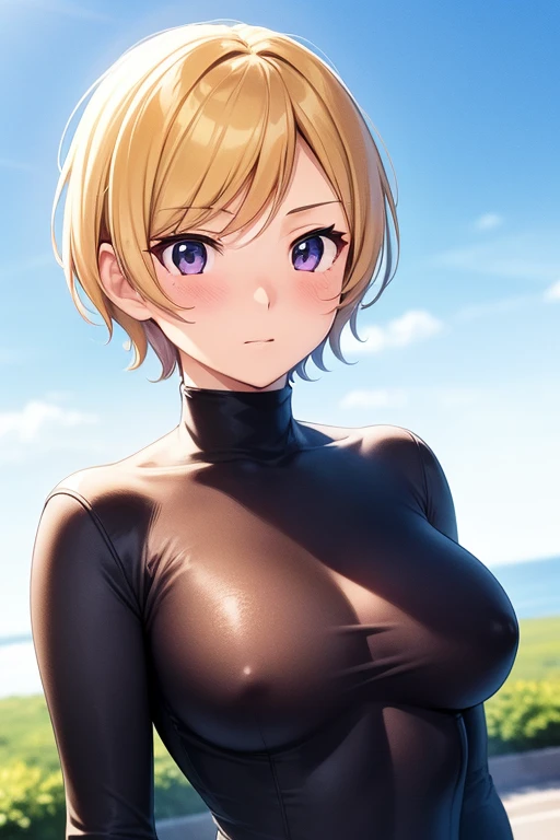 mangamichirum, 1girl, blond hair, short hair, blush, medium breast, (black long sleeve bodysuit, turtleneck), upper body, looking at view, (masterpiece, high resolution, best quality, anime screencap, anime colored, 8k, photorealistic)