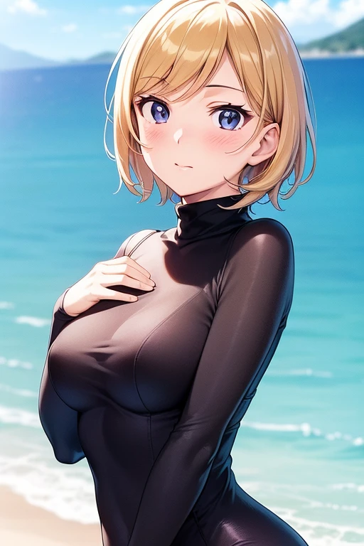 mangamichirum, 1girl, blond hair, short hair, blush, medium breast, (black long sleeve bodysuit, turtleneck), upper body, looking at view, (masterpiece, high resolution, best quality, anime screencap, anime colored, 8k, photorealistic)