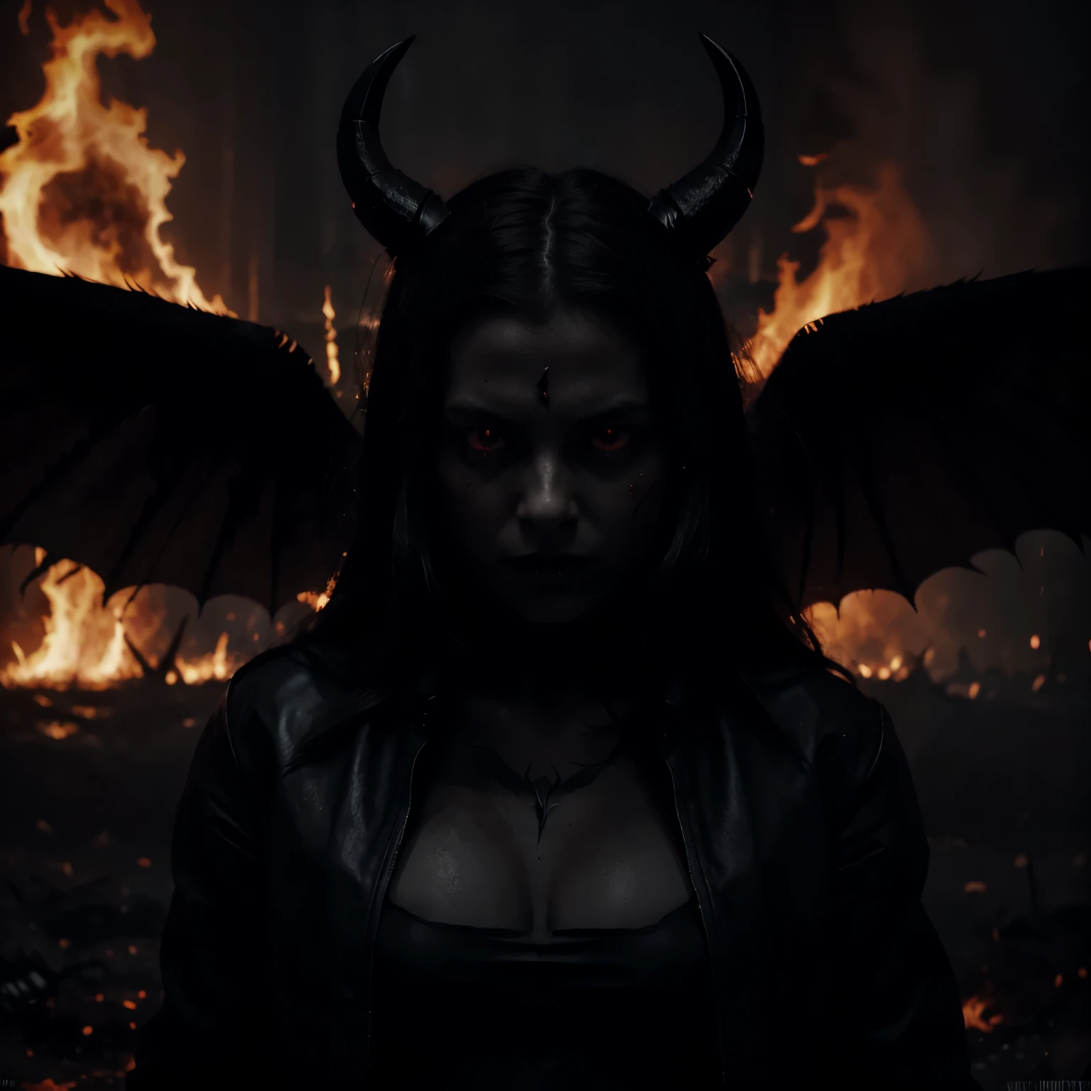 a girl surrounded by demons,detailed fiery red eyes,detailed fierce demon horns,black wings,black claws,dark atmosphere,ominous shadows,Demons with glowing eyes,ominous glow,smoke and fire effects,dark and intense,Illustration,high contrast,nightmarish,dark color palette,sinister,demonic energy,ominous lighting