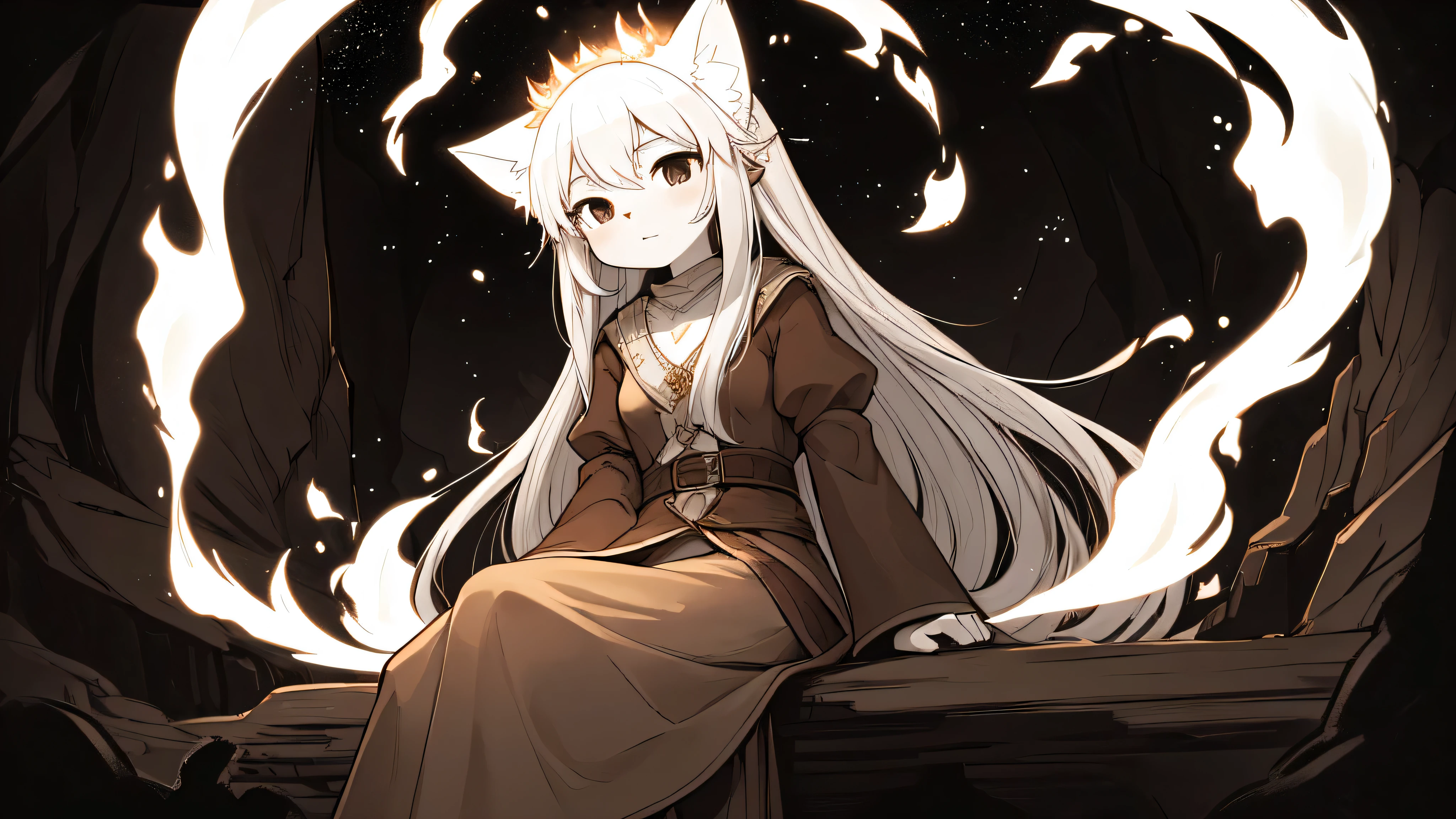 best quality, masterpiece), (1 female cat, alone,brown robe, expression face, look away, sitting, wide sleeves, black eyes, close your mouth, fire ribbon on head, long hair, cowboy shooting), (monochrome, night sky at cave entrance , light rises from bottom, Inside the cave, Floating glowing white particles, burning fire at hand, floating many small fires),