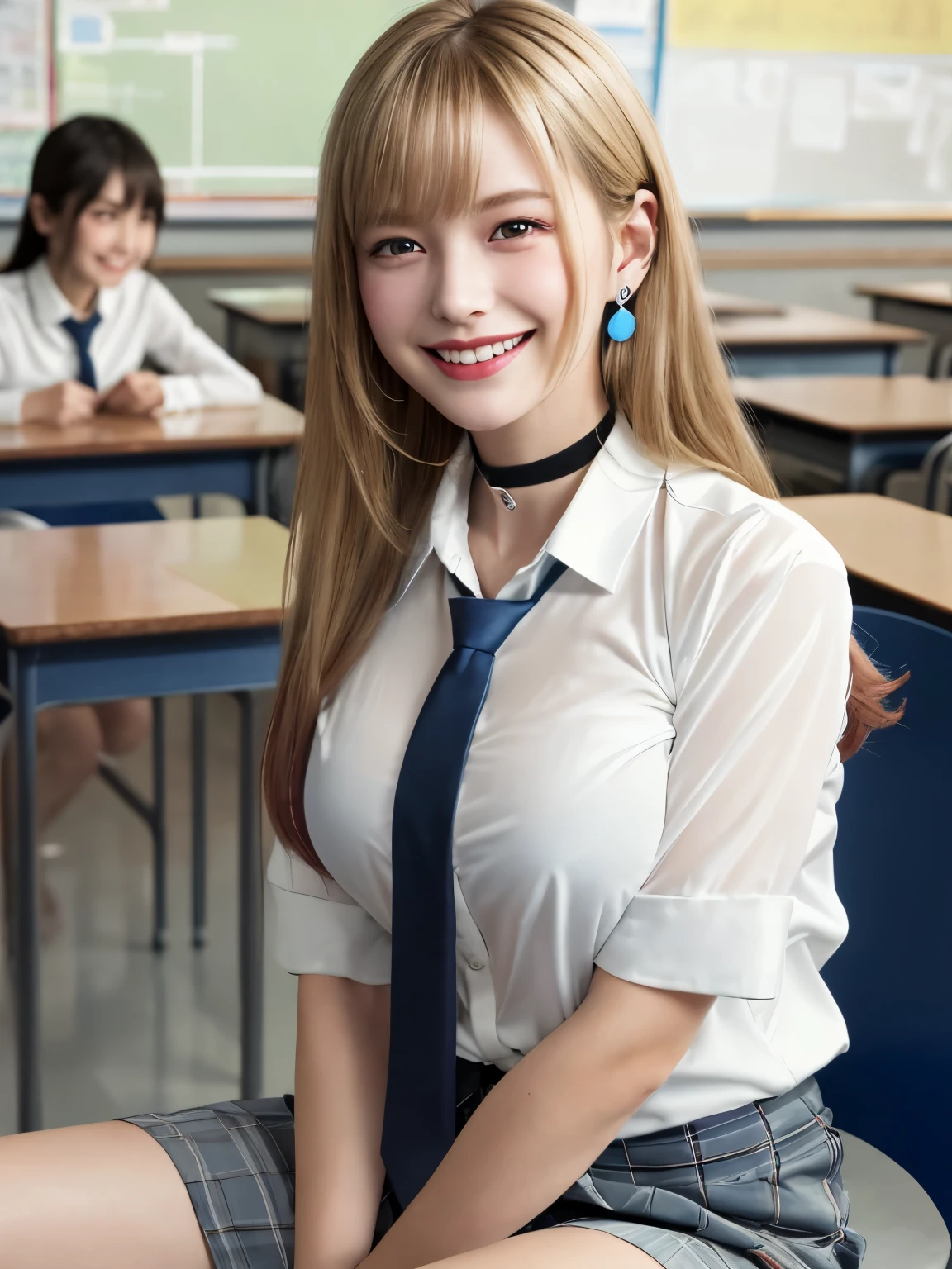 mix 4, (8K, RAW photo, highest quality, masterpiece: 1.45), (realistic, photorealistic: 1.37), Kitagawa Marine,  (blonde hair, pink gradient hair), ((long hair, Sink bangs,colorful hair, red eyes)),pose like a model,((Bold pose with forward bending posture))、(Sitting with legs wide open:1.3)、japanese woman, ************,high school student、model body shape, (big breasts:1.3), thin waist, beautiful face, beautiful eyes, , jewelry,earrings, white shirt, Tied shirts, black choker,  blue tie, plaid skirt,  grin and laugh, smile, Are standing, cowboy shot, inside the school、classroom、sitting in a chair、hight school, 1 girl, alone, detailed face and eyes, upper body photo. realistic, realistic.MarinGyaru,school_uniform