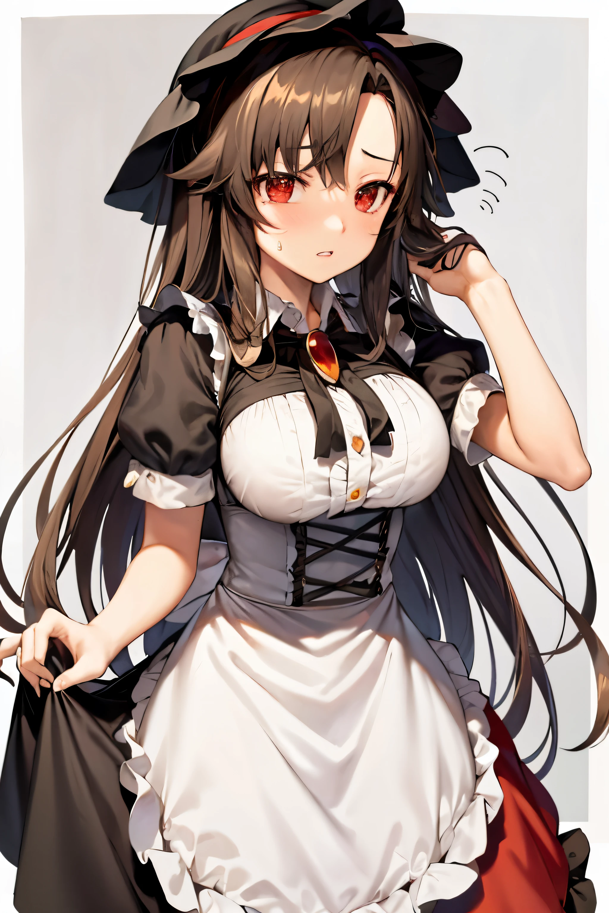 masterpiece, best quality, 1girl, imaizumi kagerou, solo, maid, animal ears, long hair, brooch, enmaided, red eyes, apron, wolf ears, jewelry, brown hair, long sleeves, alternate costume, looking at viewer, dress, mob cap, puffy sleeves, breasts, hat, hair ornament, simple background, maid apron, juliet sleeves, very long hair, hairclip, maid headdress, black dress, skirt hold, sweatdrop, bangs, blush, cowboy shot, white apron, large breasts, swept bangs, frills, hand in own hair, standing, hand up, white headwear, border, parted lips, grey background, white border, ascot, wing collar, sleeve cuffs, frilled apron
