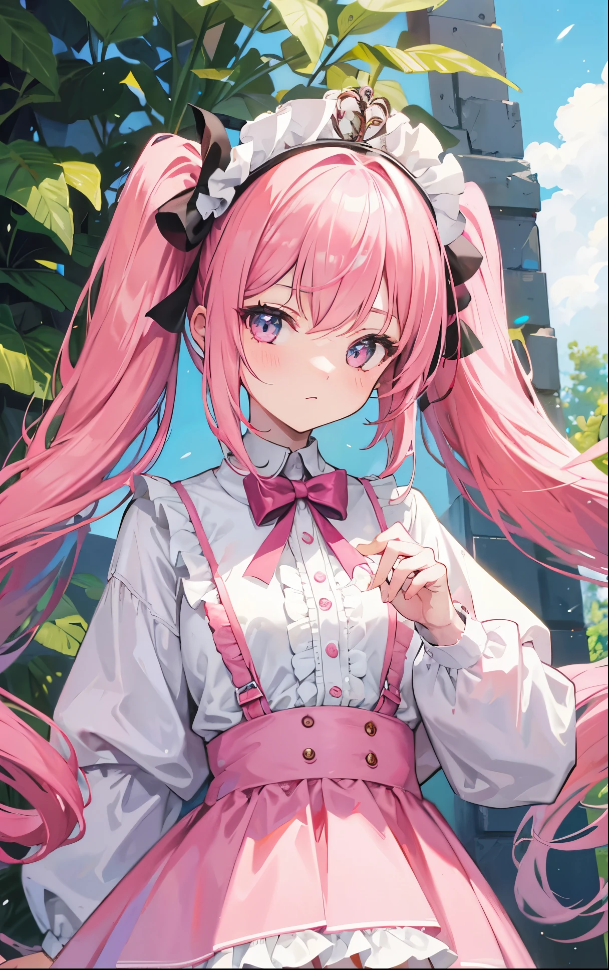 1 girl in, Pink hair, long twintails, Pink shirt, puffy collar, White fluffy skirt, Use your hands to control your heart, White ribbon on hair, Lots of hair accessories, Lolita