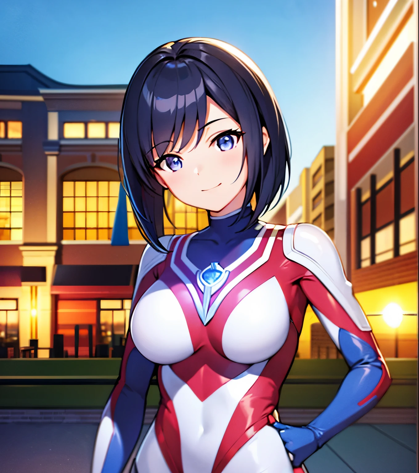 extremely detailed CG unreal engine 8k, highest quality, (finger details, fine hands, detailed face), all complicated, 1 girl, beautiful detailed girl, (Ultra Girl :1.0), ultraman bodysuit, Upper body, smile, good, stylish pose, put your hand on your waist, Are standing, detailed building in the background, outside
