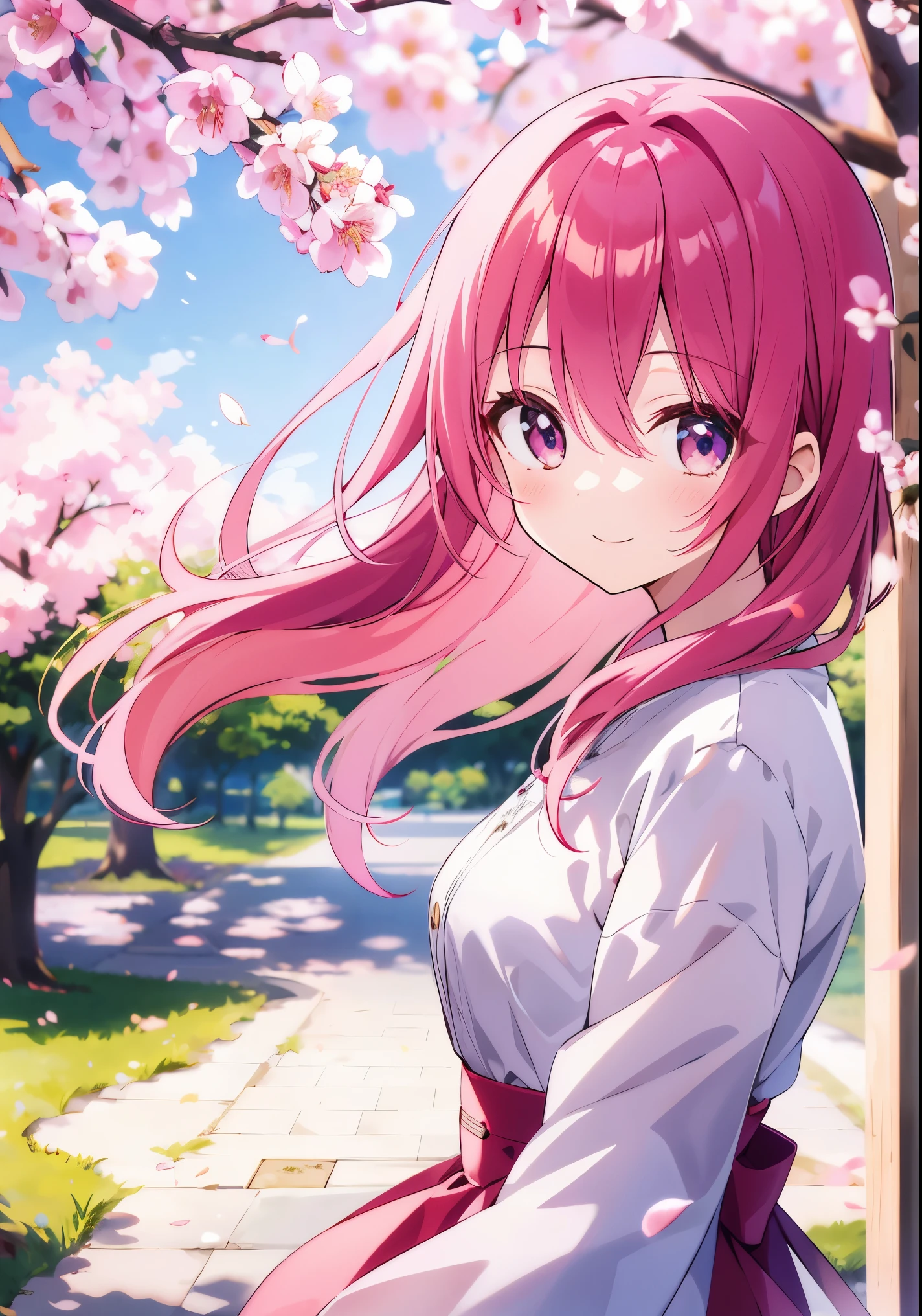 「A beautiful girl with fluttering cherry-colored hair、Smiling in the wind in a quiet park。Her eyes are seasonal flowers々as colorful as、Its elegant appearance harmonizes with the surrounding nature.。Her presence is like heralding the arrival of spring.。」