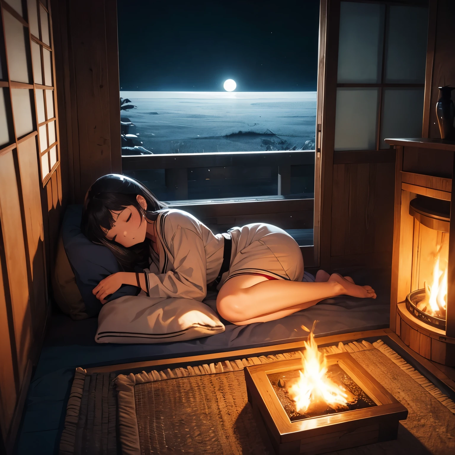 Young woman sleeping, dark room, moonlight, cold weather, full body, wide angle, shot from above, retro, Japan, Edo, blanket, warming up by fire, cool tone image