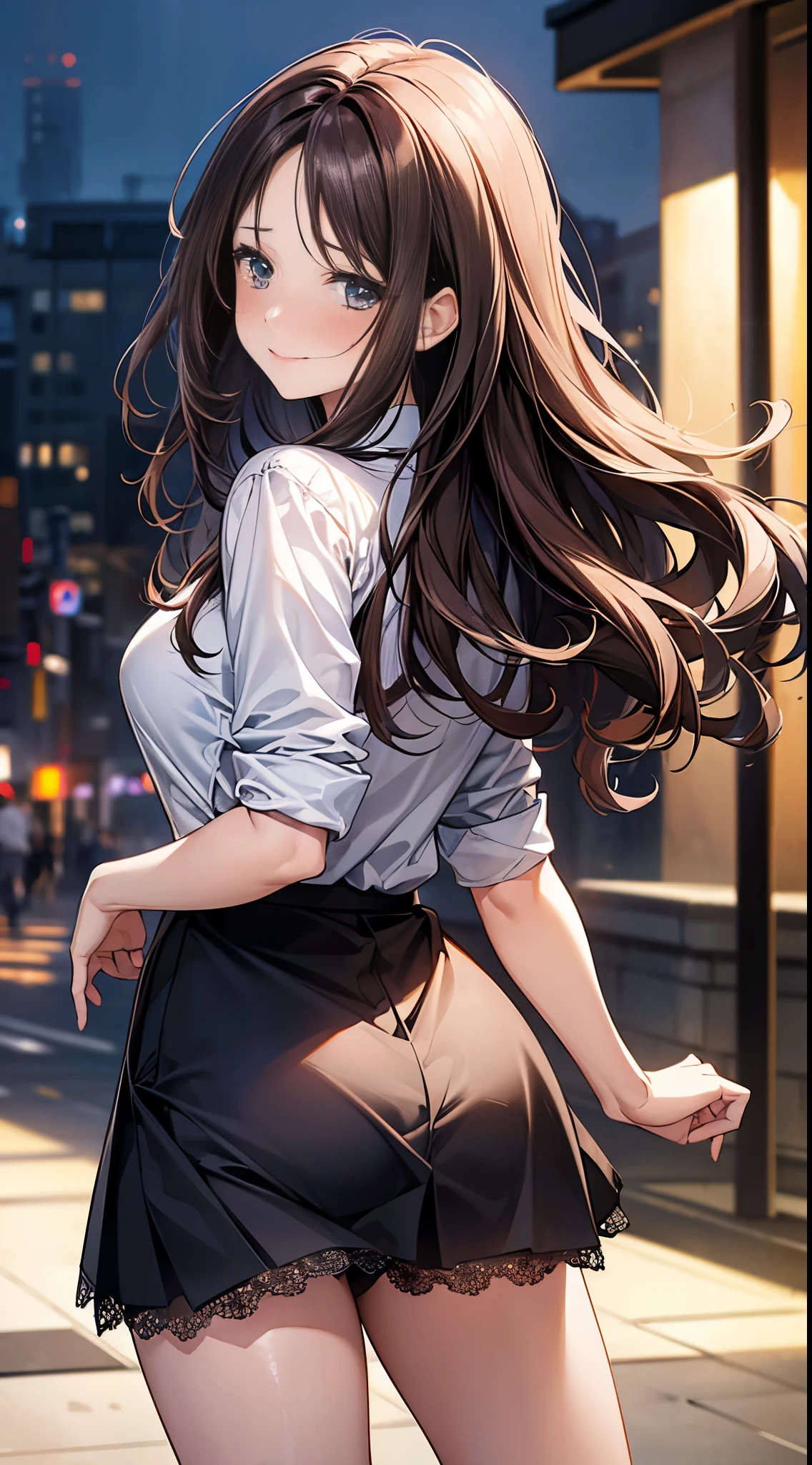 ((table top, highest quality, High resolution, perfect pixel,  4K))), 1 girl, single, alone, beautiful woman、I could see the whole body、 ((middle wavy hair, bangs, brown hair)), ((brown eyes, beautiful eyelashes, realistic eyes)), ((detailed face, blush:1.2)), ((smooth texture:0.75, realistic texture:0.65, realistic:1.1, Anime CG style)), medium breasts, dynamic angle, perfect body, transparent nipples, ((transparent shirt, white shirt, black skirt, plaid skirt)), City staircase、Angle looking up from the bottom of the stairs、Very embarrassing panic smile, looked back、leaning forward、(The wind flipped my skirt and exposed my butt.、Touching the buttocks with both hands、Light pink floral lace panties)、