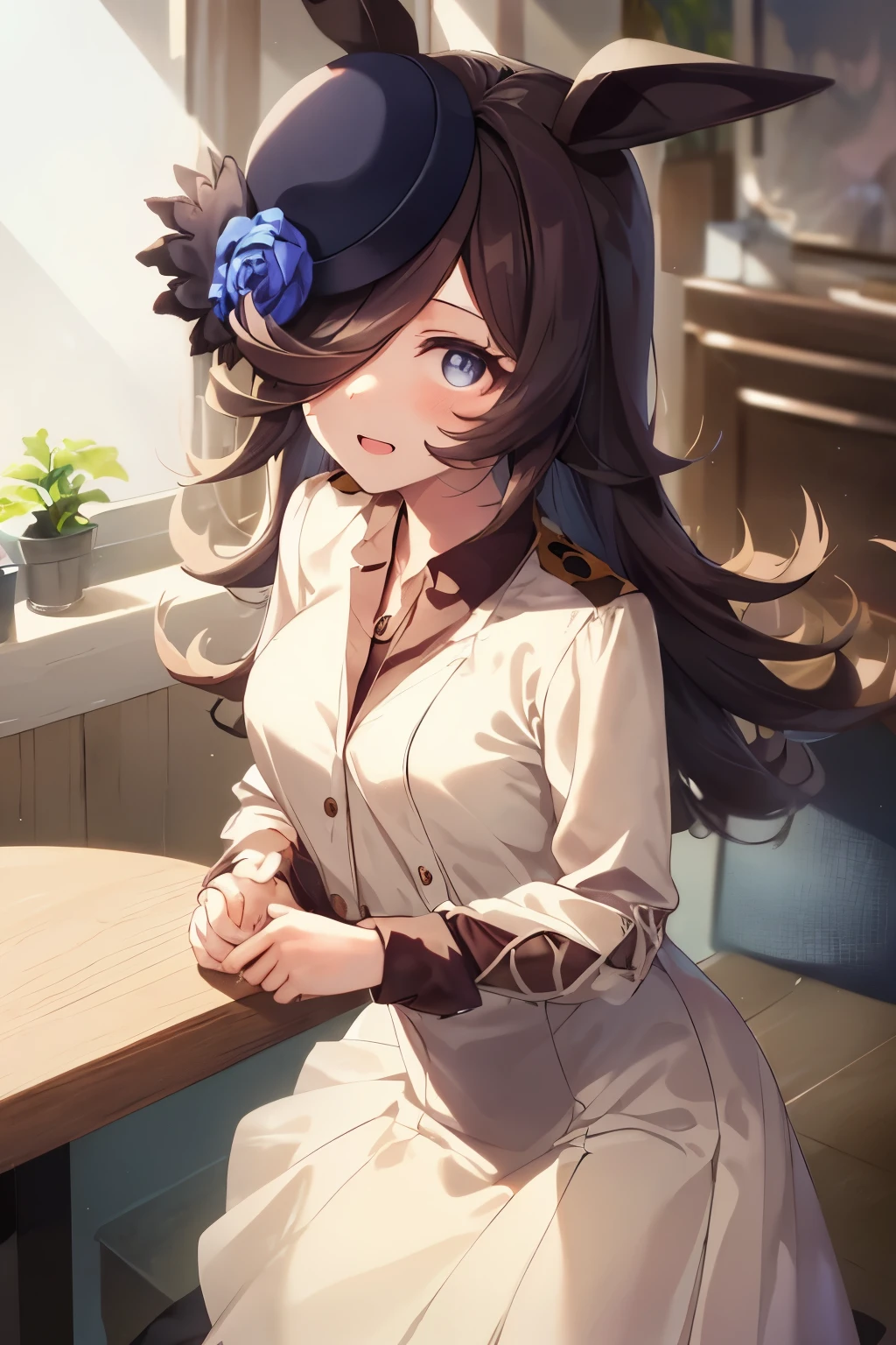 (table top.highest quality).(dynamic angle). (CG painting with very impressive details),(perfect image)、comic strip.figure.1 girl.detailed face、perfect face.delicate face、girl wearing a delicate uniform、rough skin、black hair.length、(Umamimi girl)Umamimi girl、((beautiful blue eyes)).delicate and beautiful eyes、detailed eyes、Reflected eyes、smile.(look at the viewer:1.3).(face is a little red:0.8)、8k wallpaper、cowboy shot、reflected light、most detailed、Complex、delicate background、rough skin、fine skin、(super resolution)、wearing a uniform