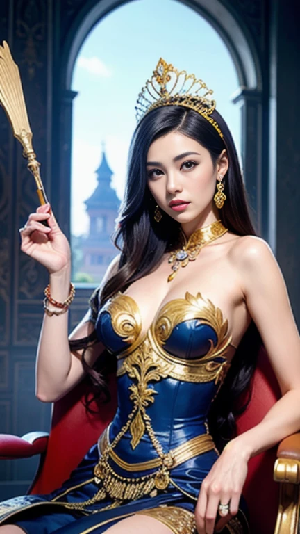 a woman in a costume sitting on a throne, anime goddess, ((a beautiful fantasy empress)), a beautiful fantasy empress, extremely detailed goddess shot, goddess. extremely high detail, beautiful goddess, a beautiful sorceress, beautiful alluring anime woman, beautiful sorceress, ancient goddess, extremely detailed artgerm, 8k high quality detailed art, beautiful succubus, upper body, full body shot pose ,oil painting golden palace background
