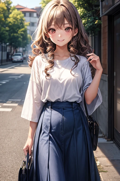 A 22 years old university student Japanese girl ((slender, small breast)), ombre hair from pale blue to brown (( very short,her right eye is hidden behind her long swept hair:1.4, slender smooth curly hair )), indigo long skirt, gray light overcoat, a T-shirt (( gradation from blue to white)), smile calmly and gently, have a gun by her left hand ,(( brown smiling eyes ))