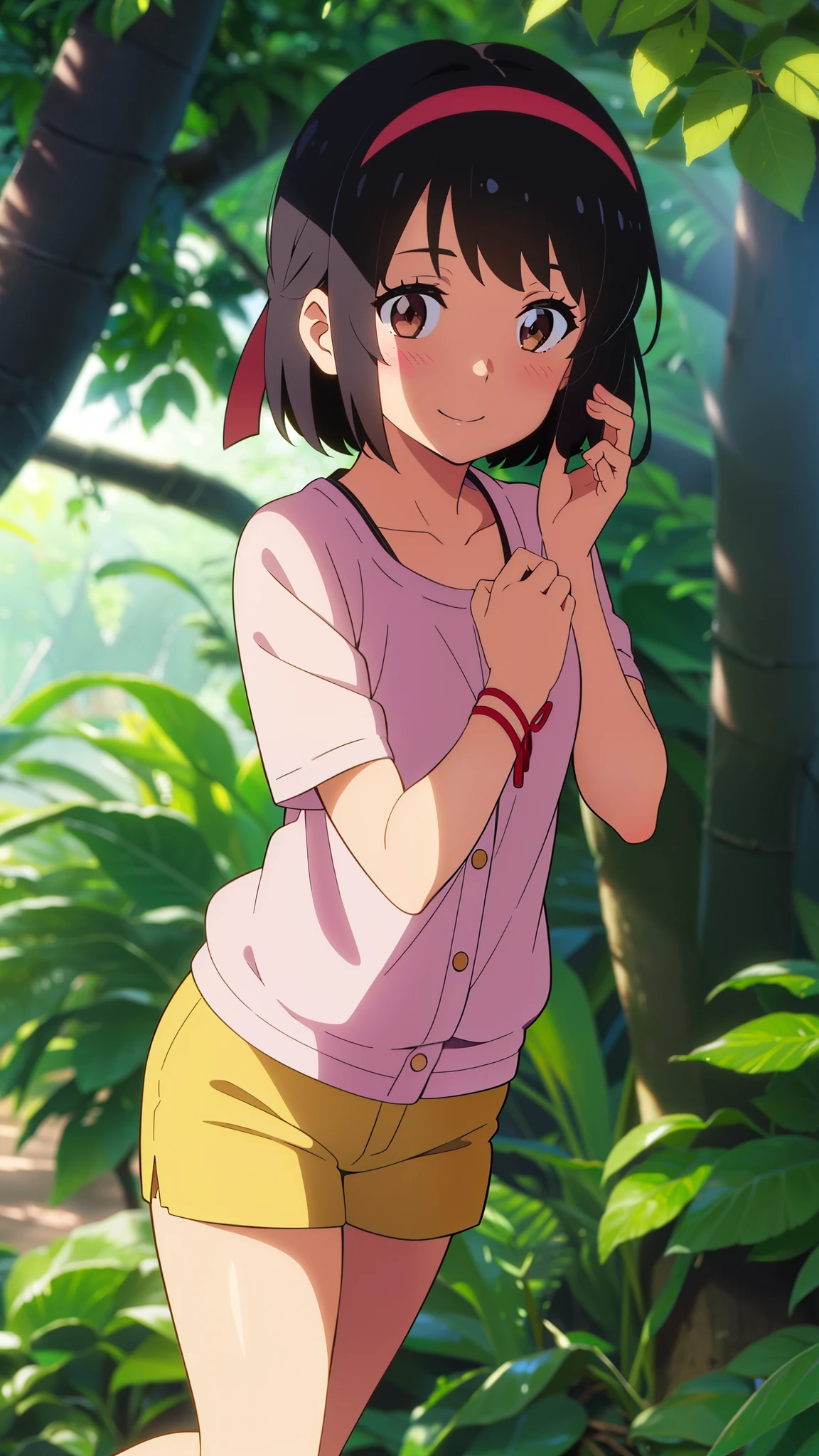 shinkai makoto, kimi no na wa., 1girl, bangs, black hair, blush, brown eyes, shiny skin, red headband, casual shirt, shorts, short hair, smile, cute, solo, happy, Rainforest background, in the forest