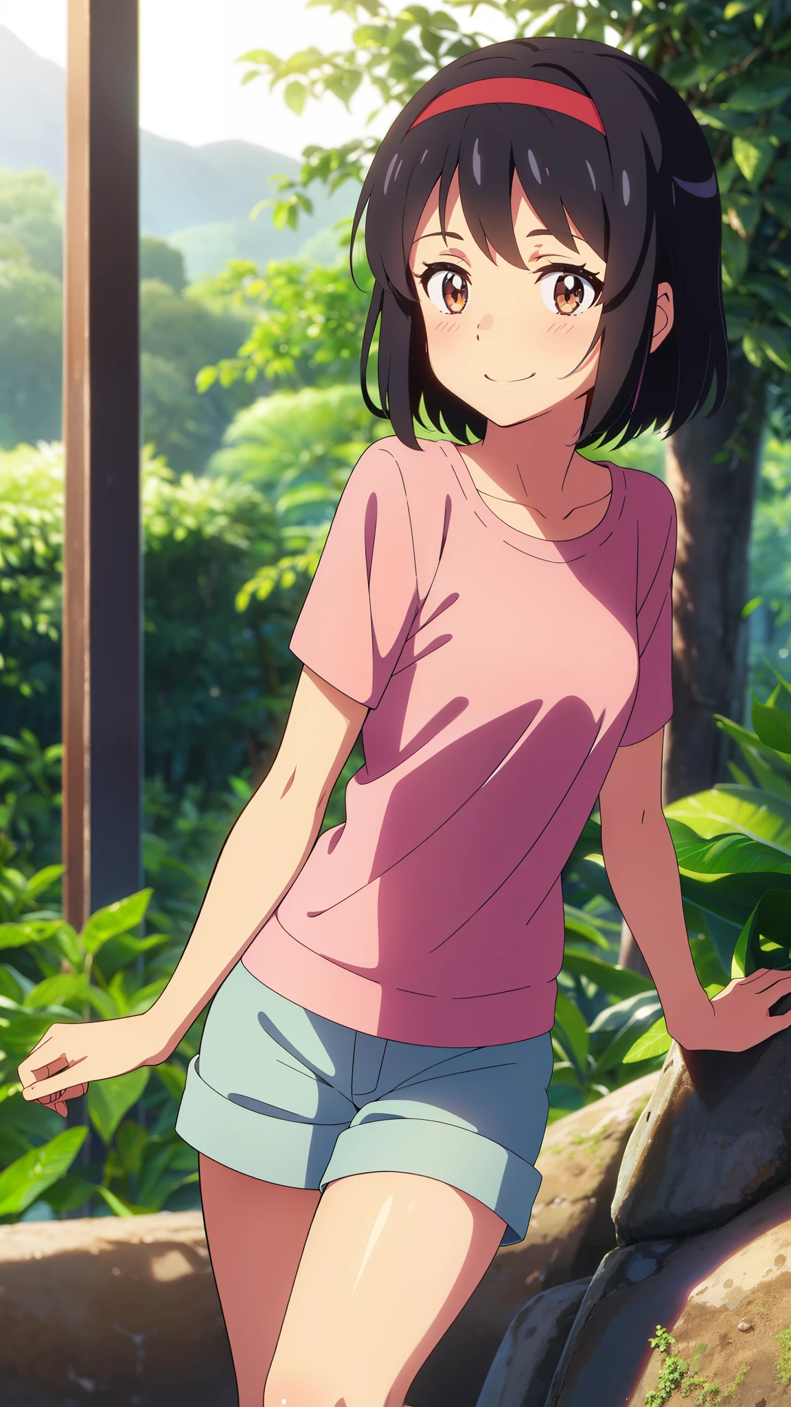 shinkai makoto, kimi no na wa., 1girl, bangs, black hair, blush, brown eyes, shiny skin, red headband, casual shirt, shorts, short hair, smile, cute, solo, happy, Rainforest background, in the forest