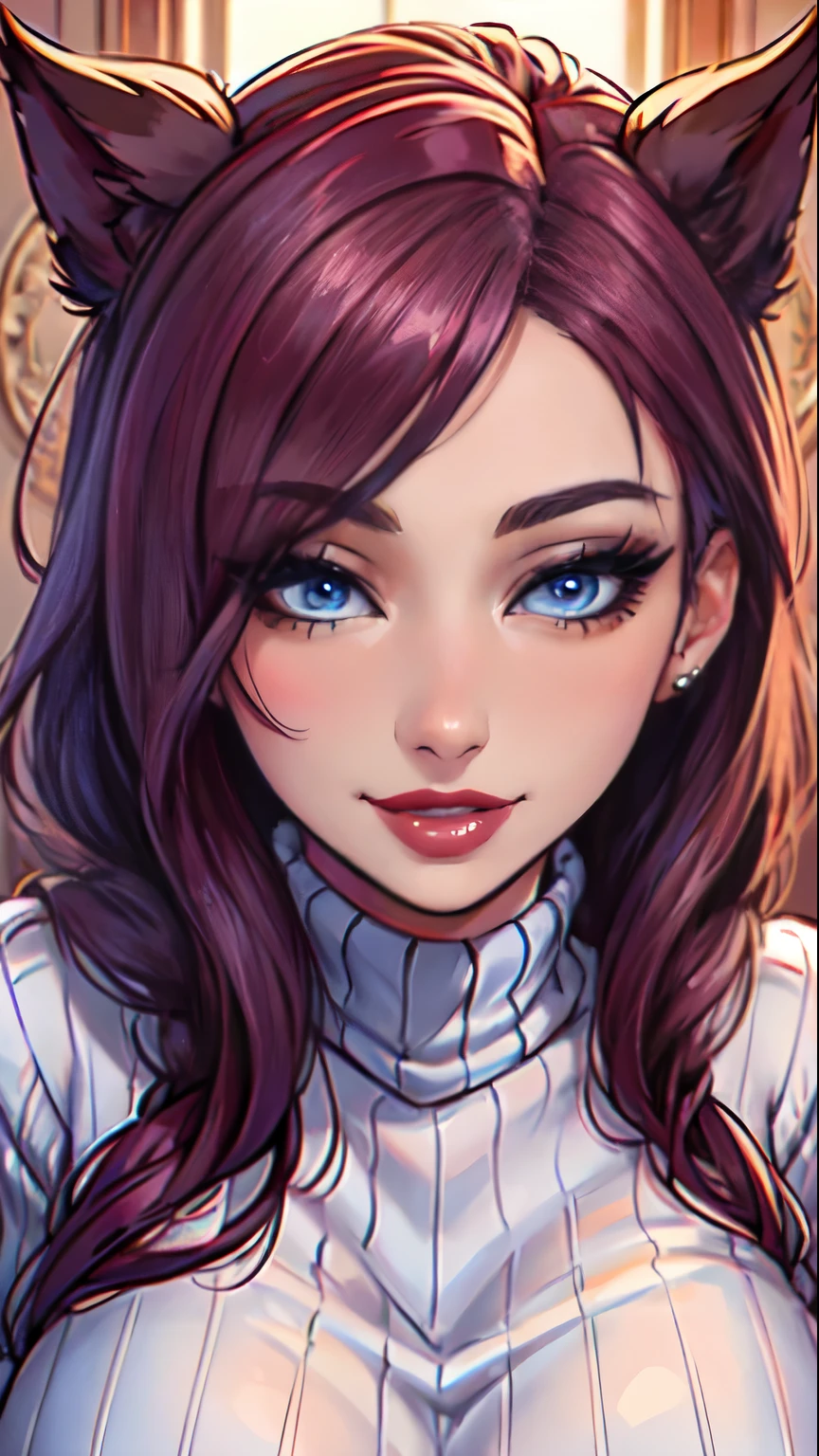 Masterpiece, raw, beautiful art, professional artist, 8k, art style by sciamano240, very detailed face, very detailed hair, (1girl), caressing each other, perfectly drawn body, beautiful face, long hair , very detailed blue eyes , rosey cheeks, intricate details in eyes, sultry smile, looking directly at viewer , lusty expression, lipstick, very close up on face, wearing tight sweater, home setting,