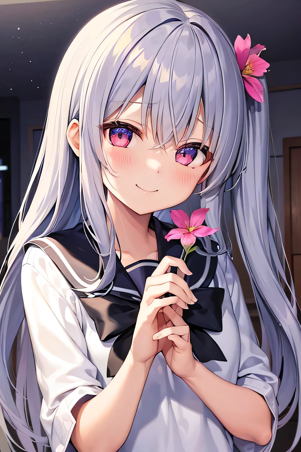 highest quality、masterpiece、high resolution、solo、{mutsuki_bluearchive:1.15}、long hair、hair ornaments、smile、Hello、bangs、Purple eye、gray hair、side ponytail、blush、髪のflower、flower、gray hair、1 girl、beholder、simple background、黒いflower、black sailor suit、Upper body、closed your mouth、inside the room、Stinking eyes