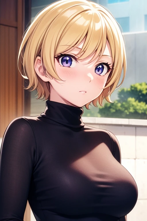 mangamichirum, 1girl, blond hair, short hair, blush, medium breast, (black long sleeve undershirt, turtleneck), upper body, looking at view, (masterpiece, high resolution, best quality, anime screencap, anime colored, 8k, photorealistic)