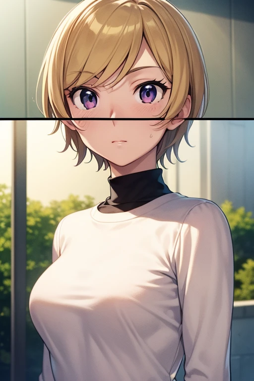 mangamichirum, 1girl, blond hair, short hair, blush, medium breast, (black long sleeve undershirt, turtleneck), upper body, looking at view, (masterpiece, high resolution, best quality, anime screencap, anime colored, 8k, photorealistic)