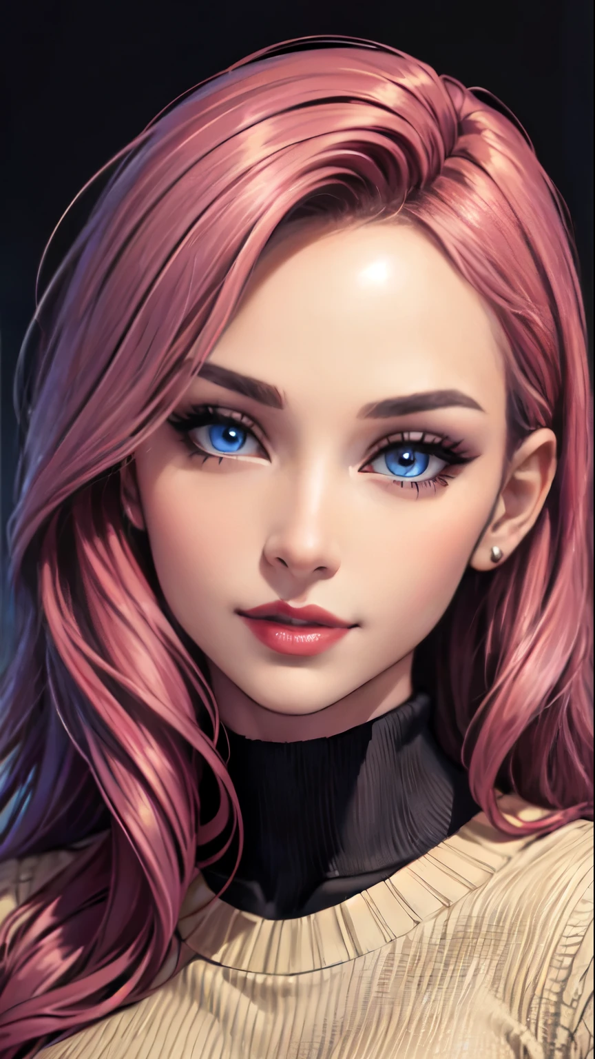 Masterpiece, raw,  beautiful art, professional artist, 8k, art style by sciamano240, very detailed face, very detailed hair, (1girl), caressing each other, perfectly drawn body, beautiful face, long hair , very detailed blue eyes , rosey cheeks, intricate details in eyes, sultry smile, looking directly at viewer , lusty expression, lipstick, very close up on face, wearing tight sweater, home setting, 