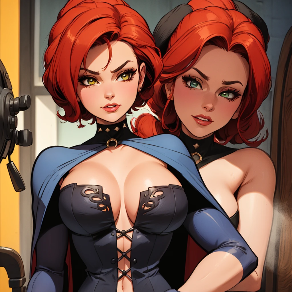 An evocative depiction of Jean Grey, the iconic X-Men character, with an alluring twist. Her attire is a form-fitting costume in shades of red and blue, highlighting her toned figure. Her breasts, large yet natural, are accentuated by the material, creating a captivating contrast between her superhuman essence and feminine allure. The scene is set against a dimly-lit backdrop, with subtle glowing accents that emphasize her ethereal powers. The atmosphere is filled with a sense of mystery and intrigue, inviting the viewer to delve deeper into the enchanting world of this magnificent character. 8k, hyper-realistic rendering