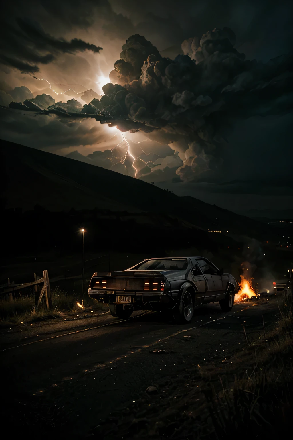 A car from a movie "Back to the future" flying over the hill of crosses, closed doors. A lot of burning objects, highly realistic, photorealistic, DSLR, dark mood, lightning, souls