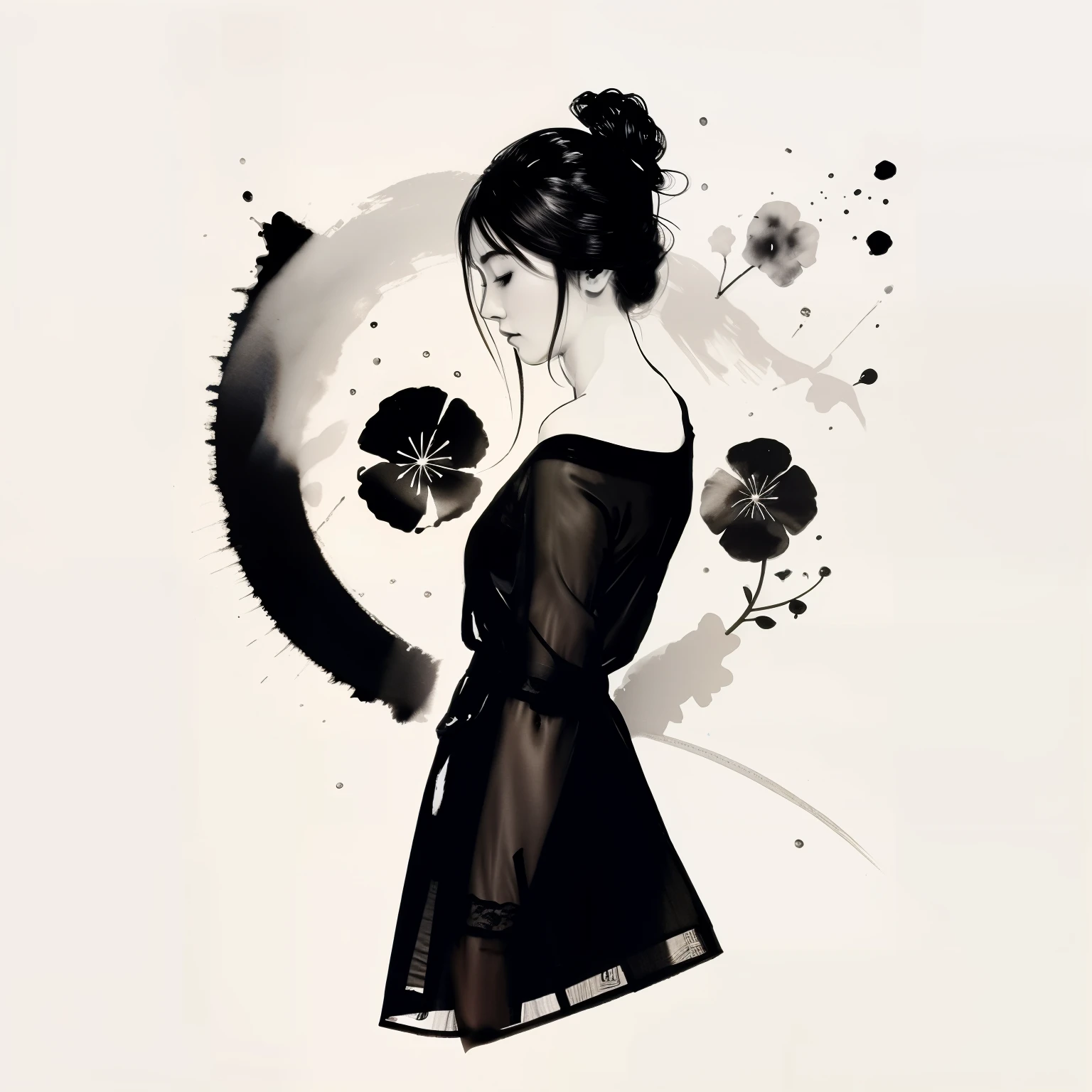 em um vestido branco, NYFlowerGirl, pingando tinta, ral-chrcrts, illustration, CarnelianDakimakura, flash, realhands, black pantyhose, estilo de illustration, monochrome, DonMF41ryW1ng5, Outline