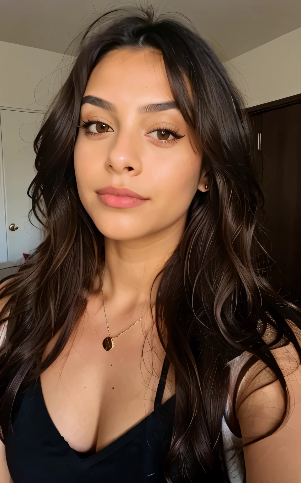 hispanic, 1 femme, Long Wavy Hair, dark brown eyes, top, Chambre, Selfie