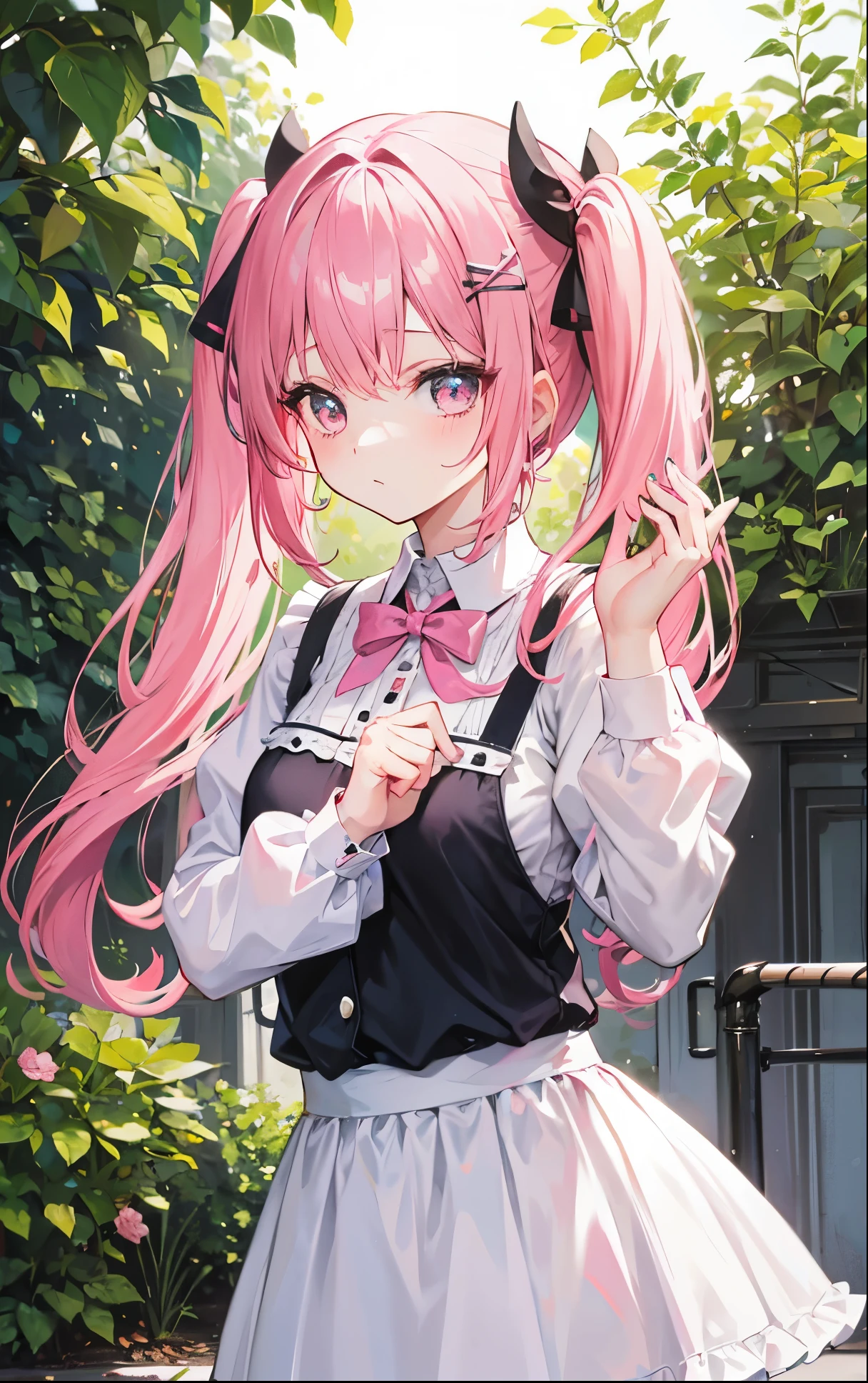 1 girl in, Pink hair, long twintails, Pink shirt, puffy collar, White fluffy skirt, Use your hands to control your heart, White ribbon on hair, Lots of hair accessories, ta