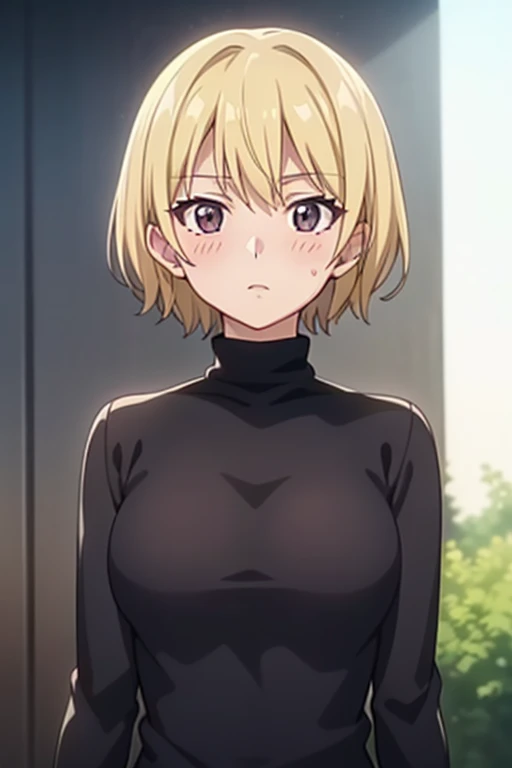 mangamichirum, 1girl, blond hair, short hair, blush, medium breast, ((black long sleeve undershirt, turtleneck)), upper body, looking at view, (masterpiece, high resolution, best quality, anime screencap, anime colored, 8k, photorealistic)