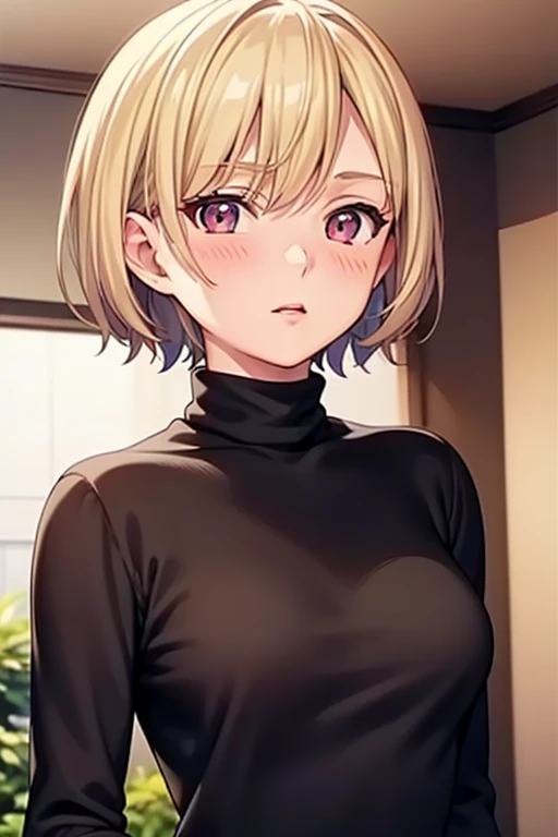 mangamichirum, 1girl, blond hair, short hair, blush, medium breast, ((black long sleeve undershirt, turtleneck)), upper body, looking at view, (masterpiece, high resolution, best quality, anime screencap, anime colored, 8k, photorealistic)