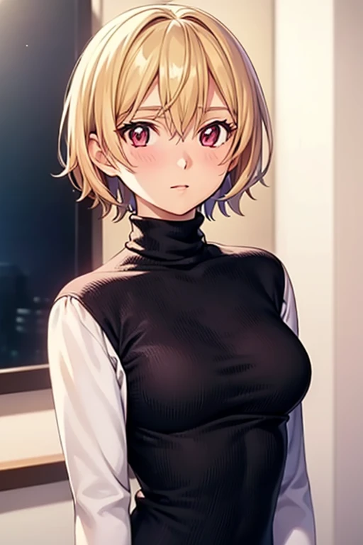 mangamichirum, 1girl, blond hair, short hair, blush, medium breast, ((black long sleeve undershirt, turtleneck)), upper body, looking at view, (masterpiece, high resolution, best quality, anime screencap, anime colored, 8k, photorealistic)